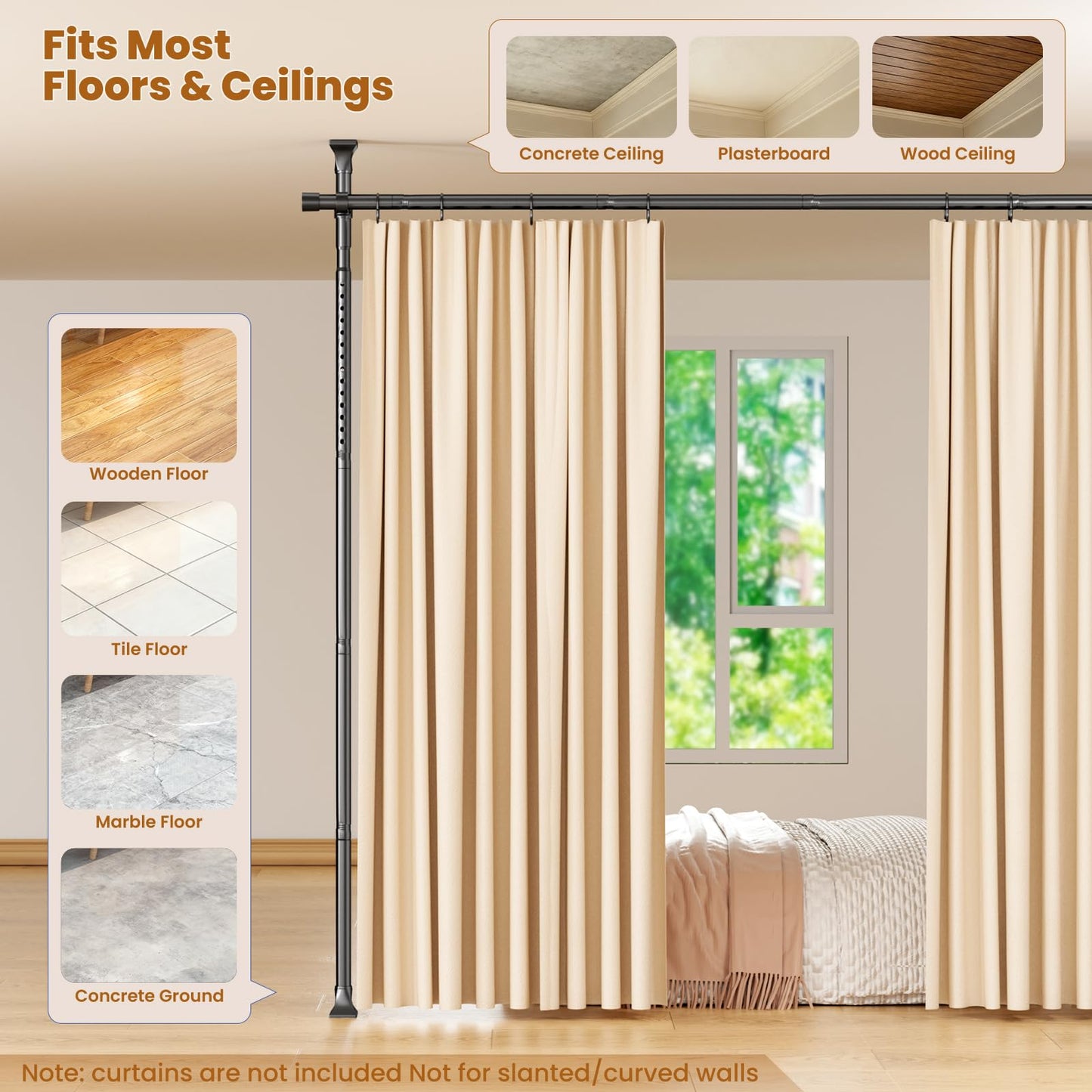 Abiglifty Room Divider Curtain Rods No Drilling, Adjustable 4-10Ft(H) Wall Divider for Room Separation, Temporary Privacy Tension Curtain Rods, Freestanding Space Room Separator, Black