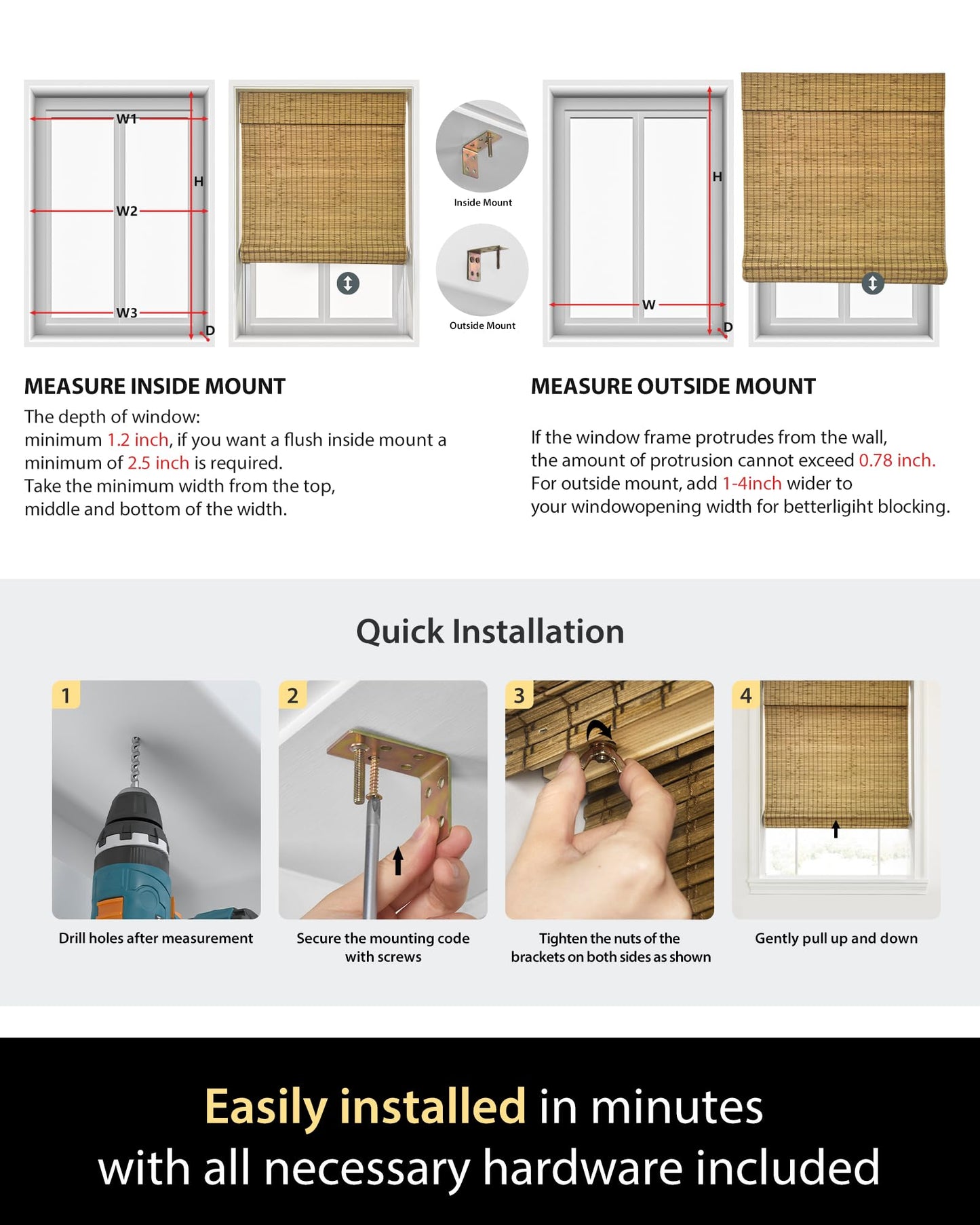 UNISHADES Cordless Bamboo Roman Shades for Windows, Blinds Size (35" W ×64" H) Colour (Highfield Teak)
