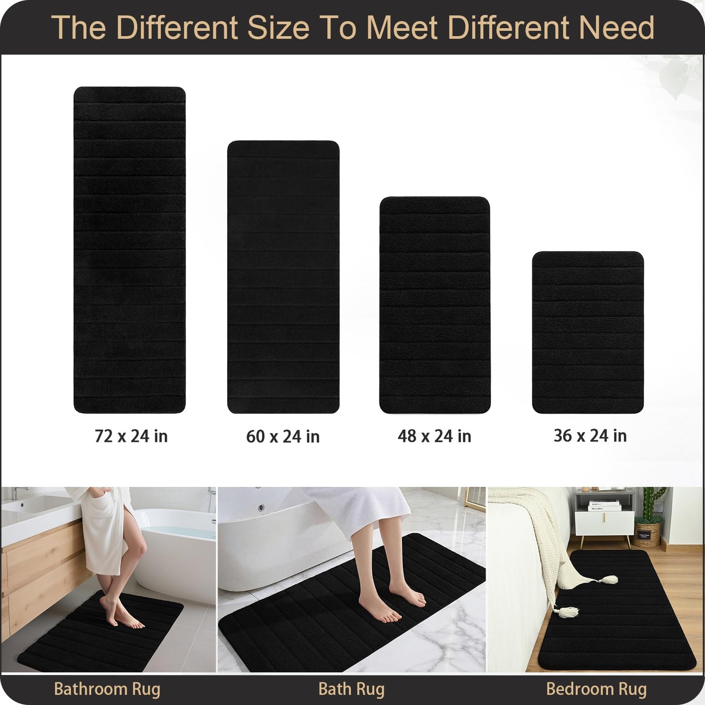 AROGAN Luxury Long Bathroom Runner Rugs, Thick Soft and Absorbent Microfiber Non Slip Bath Mat, Rubber Backing Striped Rug Carpets, Machine Washable Plush Mats for Bathroom Floor, 24x60 Inch Black