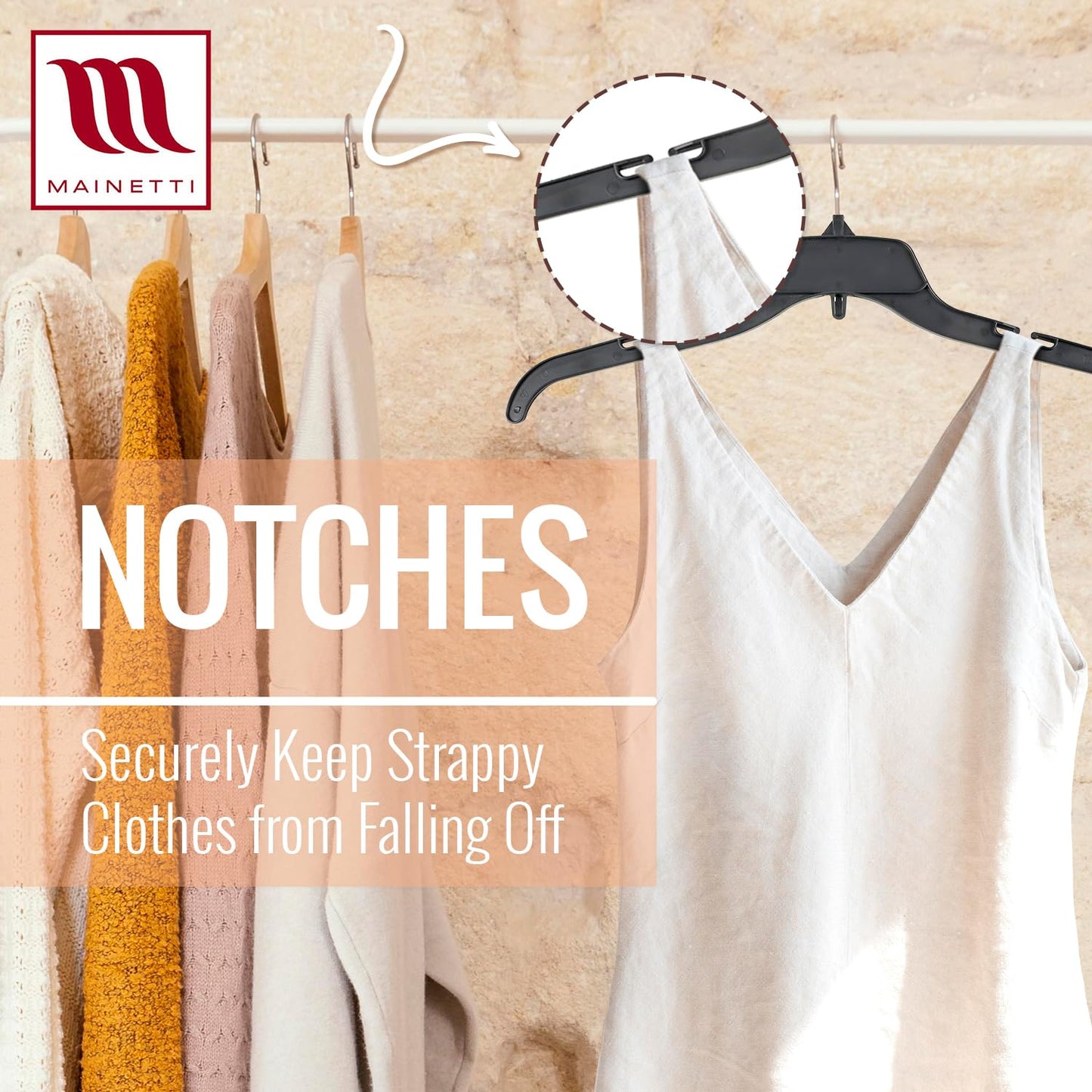 Mainetti 484 Recycled Black Plastic Hangers - 100 Pack with Rotating Metal Hook and Notches for Straps, Great for Shirts/Tops/Dresses, 17-Inch