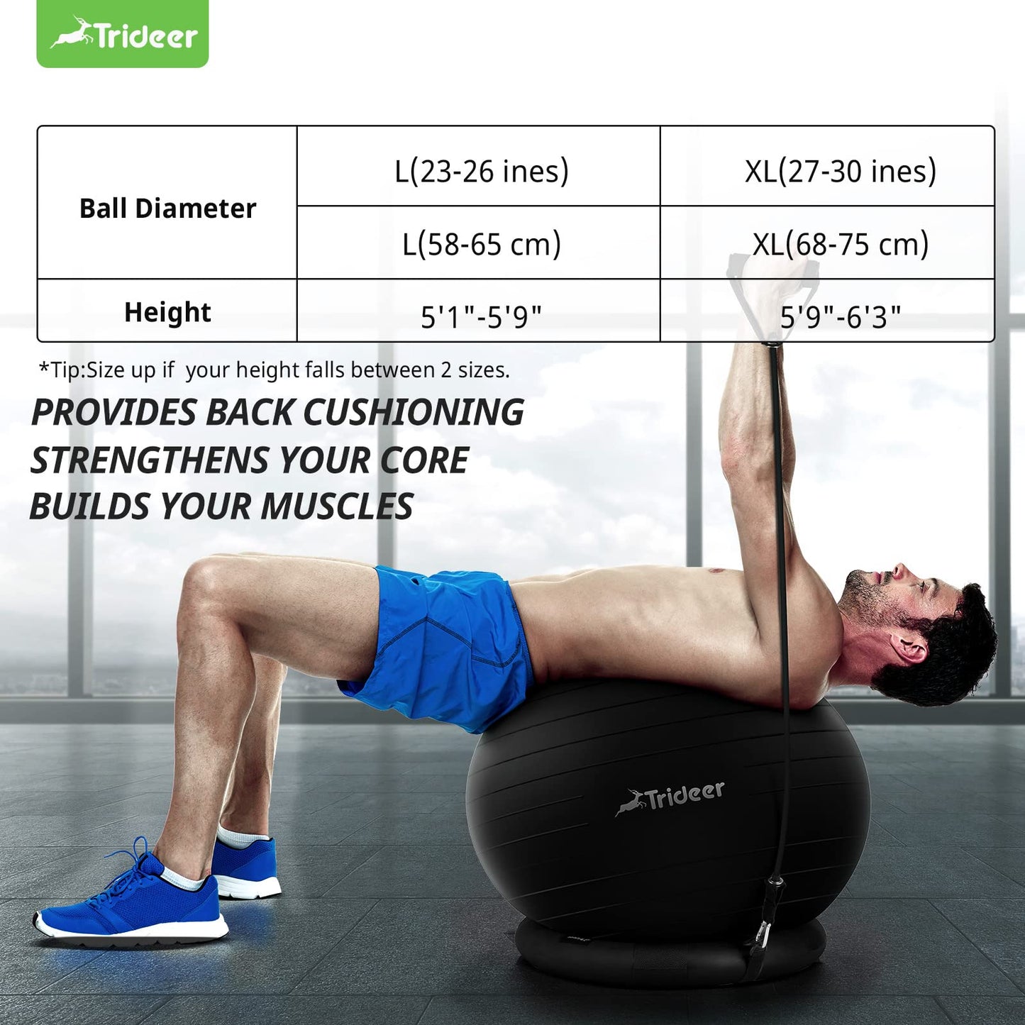 Trideer Exercise Ball Chair with Base & Resistance Bands for Home Gym, Stability Ball Seat for Core Workout and Back Support