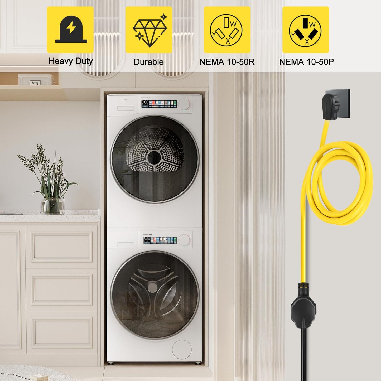 15FT NEMA 10-50P to 10-50R Extension Cord, ZDHQLHJ 3 Prong 10-50 Male Plug to 10-50 Female Receptacle Power Cord Adapter, for Industrial Dryer Welder Range Stove Oven, 50Amp, 250 Volts, 8AWG