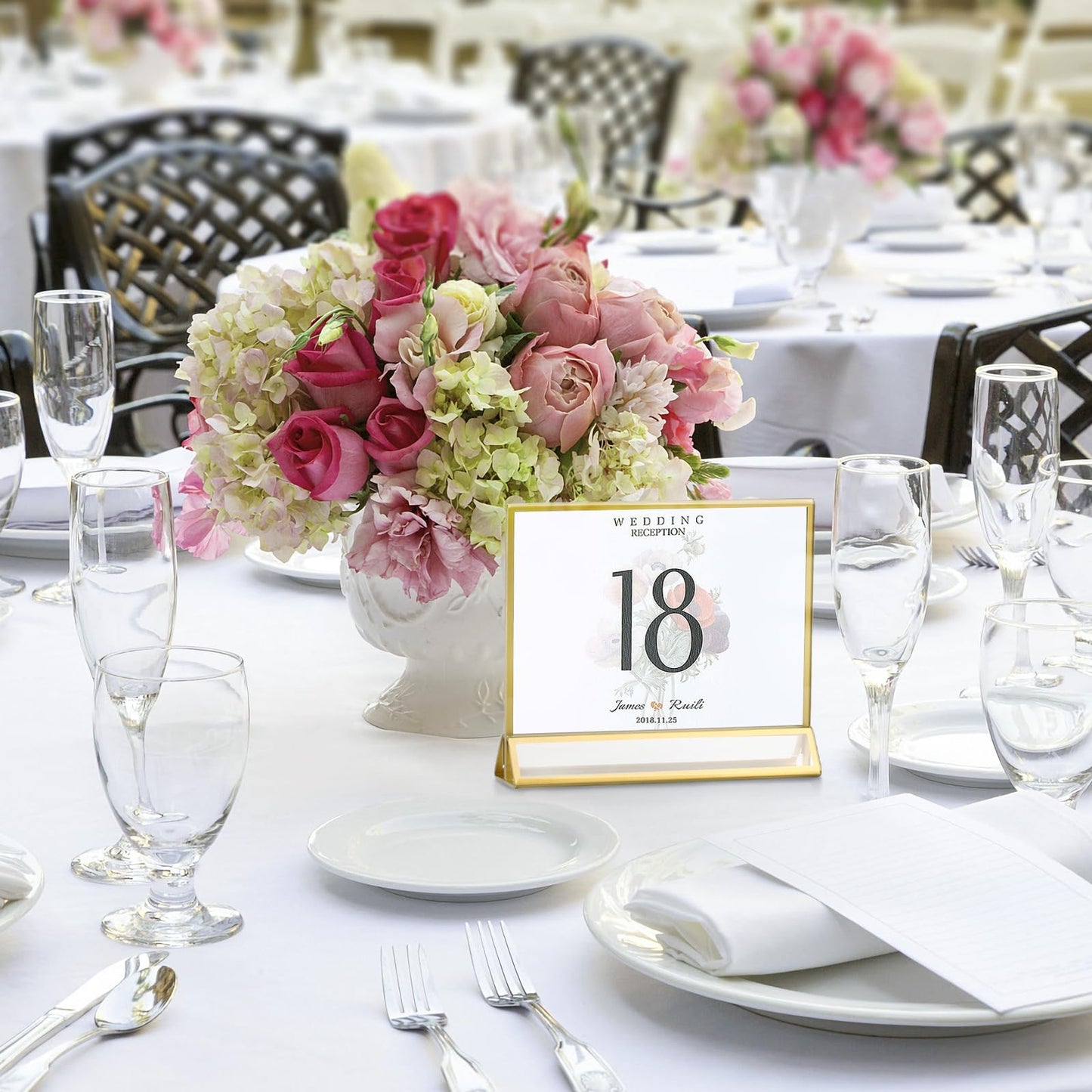 Smarpau 5x7 Acrylic Sign Holder with Gold Frames,16 Pack Wedding Table Number Holders,Double Sided Table Menu Acrylic Sign,Horizontal Picture Frame,Restaurant Sign,Photos Display,Paper Display Stand