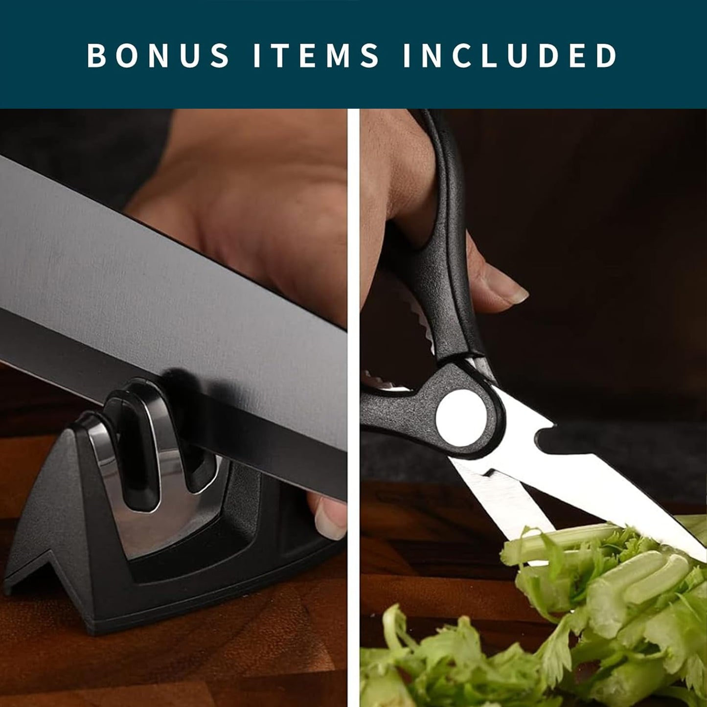 CuCut 16-Piece Kitchen Knife Set with Block - High Carbon Stainless Steel Knives, Black Non-Stick Coating, Triple Riveted Forged Turquoise Handle, Dishwasher Safe, Includes Knife Sharpener, Scissors