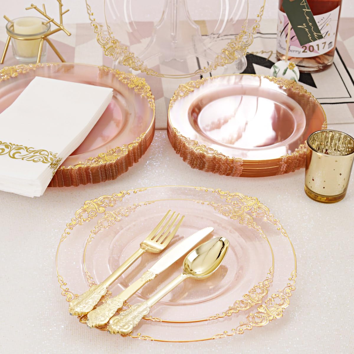 Hioasis 175pcs Pink and Gold Plates - Pink Party Plates for 25 Guest, Include 50 Heavy-duty Plates(20% Thicker Than Standard), 75 Cutlery Set, 25 Napkin, 25 Cups for Party & Easter