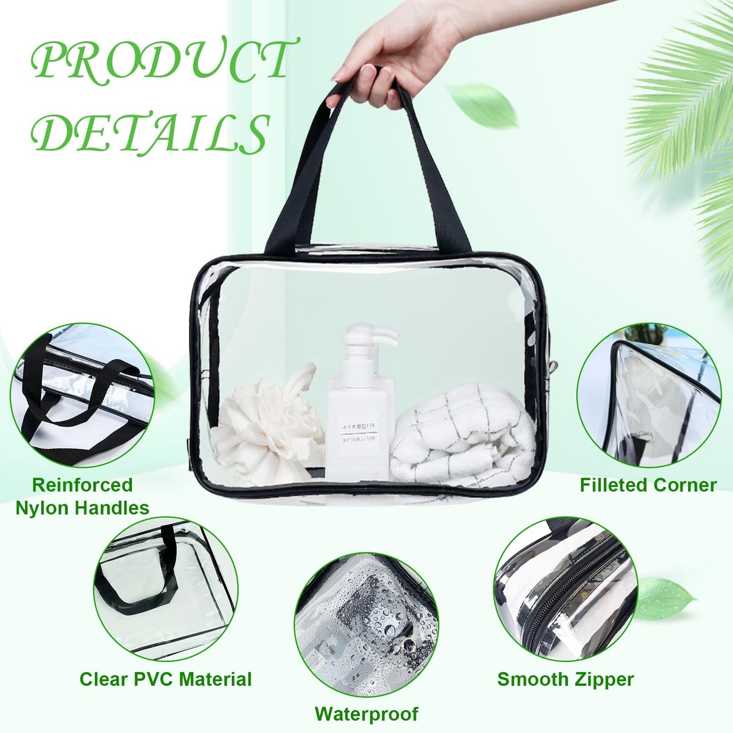 10 Pack Large Clear Cosmetic Bags with Handle PVC Plastic Toiletry Pouches with Zipper Clear Plastic Tote Bags Transparent Vinyl Bags Transparent Makeup Bag for Women, Men, Beach, Traveling