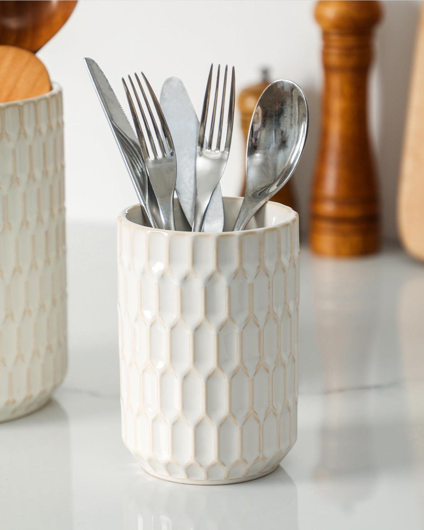ArteBake Utensil Holder, 7.5"+5.3" Ceramic Kitchen Utensil Holder for Countertop, Large Cooking Utensil Crock for Kitchen Counter, Set of 2, Beige