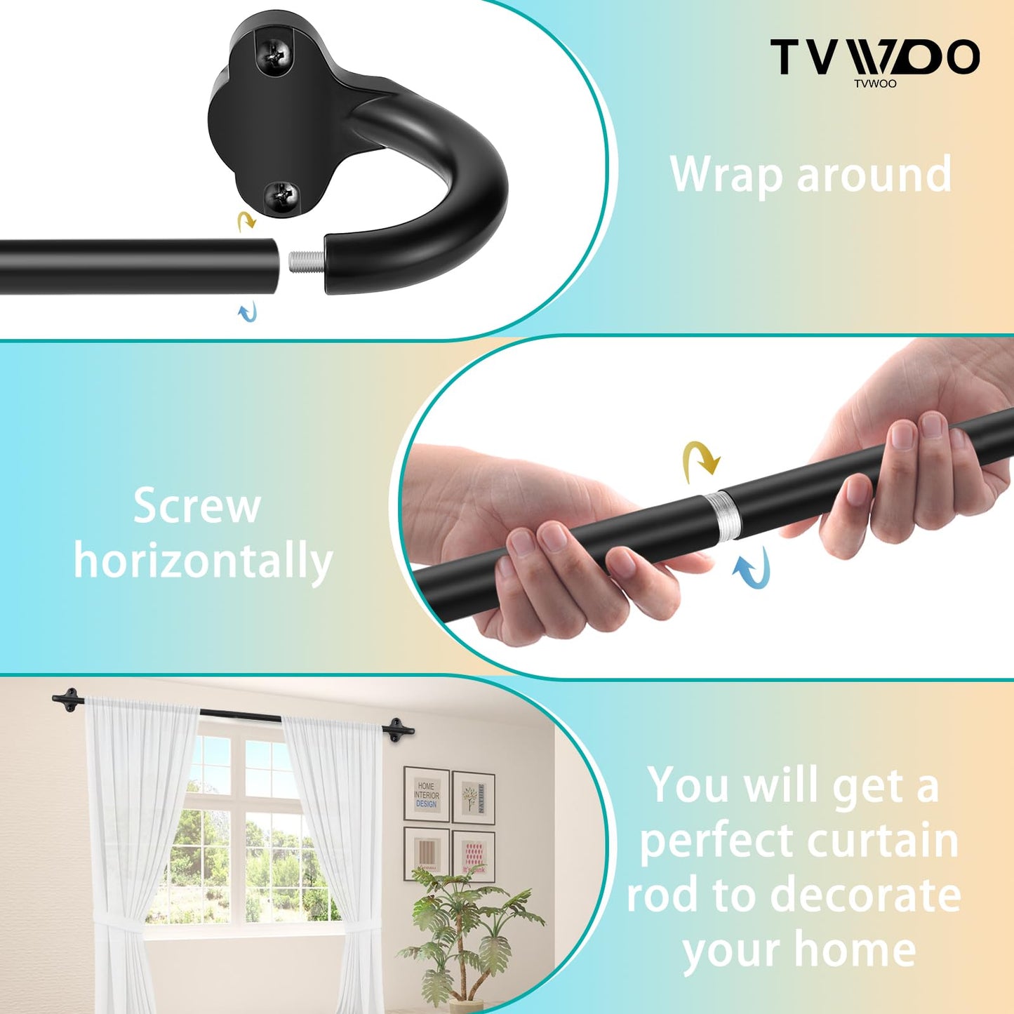 TVWOO 2 Pack Wrap Around Curtain Rods, 28 to 48 Inch, 5/8 Inch Adjustable Blackout Curtain Rod Set, Room Darkening Window Rod, Metal Thicken Hidden Curved Drapery Rod, Matte Black
