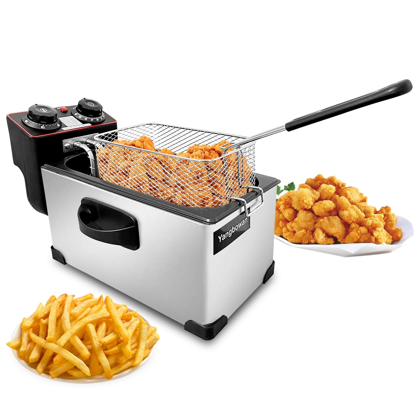 Yangbowan 3L Deep Fryer with Basket for Home, 1300W Electric Small Deep Fryer with Temperature Control, Timer Control, View Window Lid, Stainless Steel Body for Restaurant Use