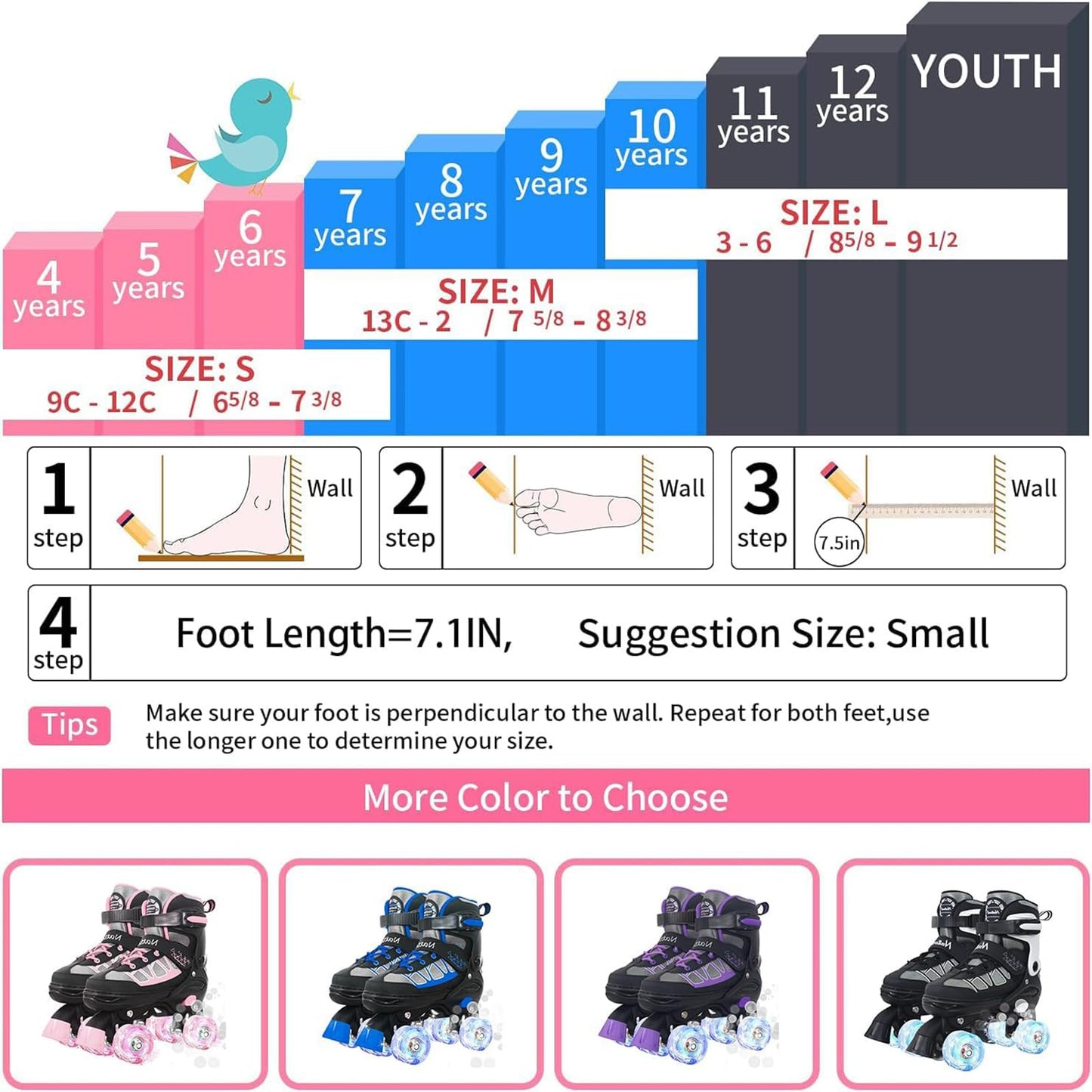 MammyGol Roller Skates for Kids Boys Girls, Adjustable Quad Skates with Light Up Wheels for Toddler Little Kids Ages 6-12 Size 13C 1 2, Beginners Outdoor Sports, Pink