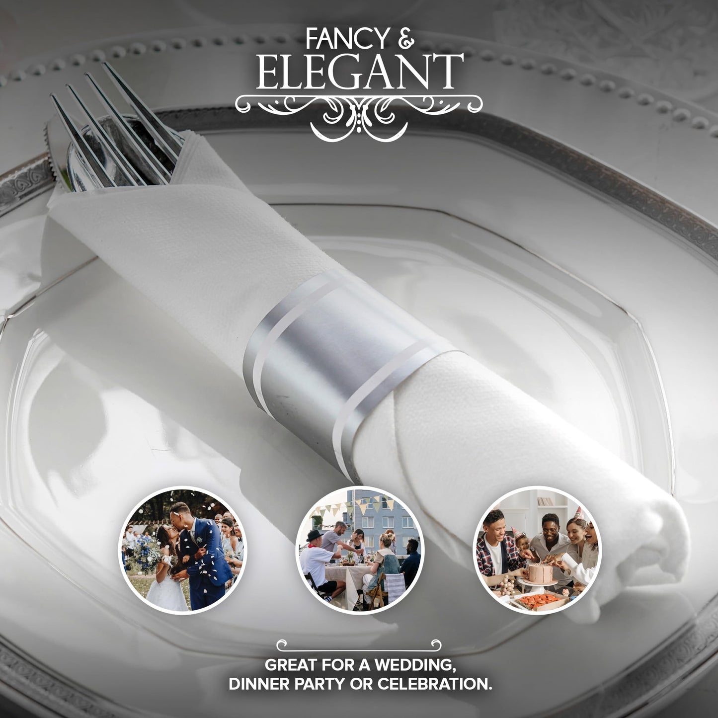 100 Pack Pre Rolled Silver Plastic Cutlery Set, Individually Wrapped Plastic Silverware Set with 100 Forks, 100 Knives, 100 Spoons, 100 Napkins, Disposable Utensils for Party and Wedding