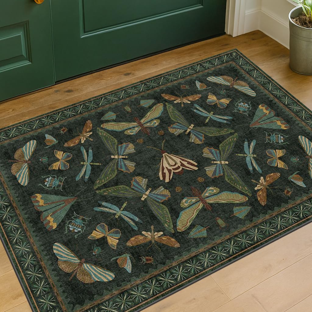 Hazo Haus 2x3 Entry Way Rugs Indoor - Dark Green Small Throw Rug for Kitchen, Bathroom, Insect Boho Design, Washable Non Slip Stain Resistant