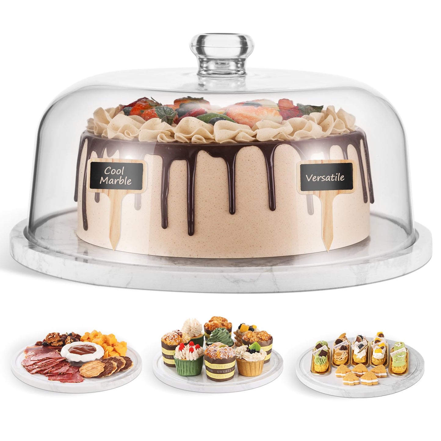 Marble Cake Stand with Dome,11.8in White Marble Dessert Stand with Acrylic Lid Cover,Heavy Duty Stone Serving Display Plate for Cakes,Cheese,Pastry,Stone Platter for Birthday/Kitchen/Party/Wedding