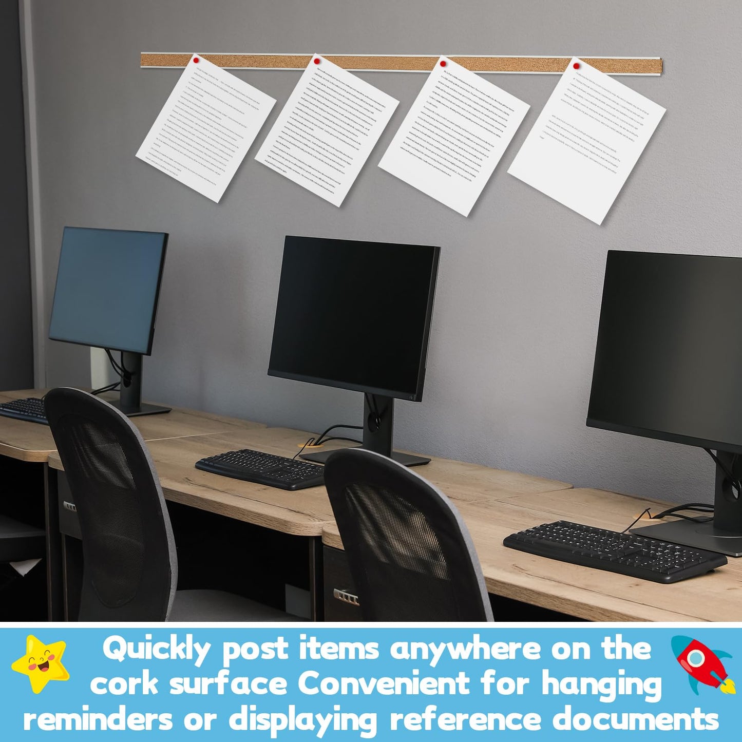 Threehoney 3 Pcs 48" x 1" Cork Strips Bulletin Bar Strips for Wall Bulletin Board Aluminum Trim Brown Cork Boards with Accessories for Paste Notes Photos Classroom Office Home Holiday Decor