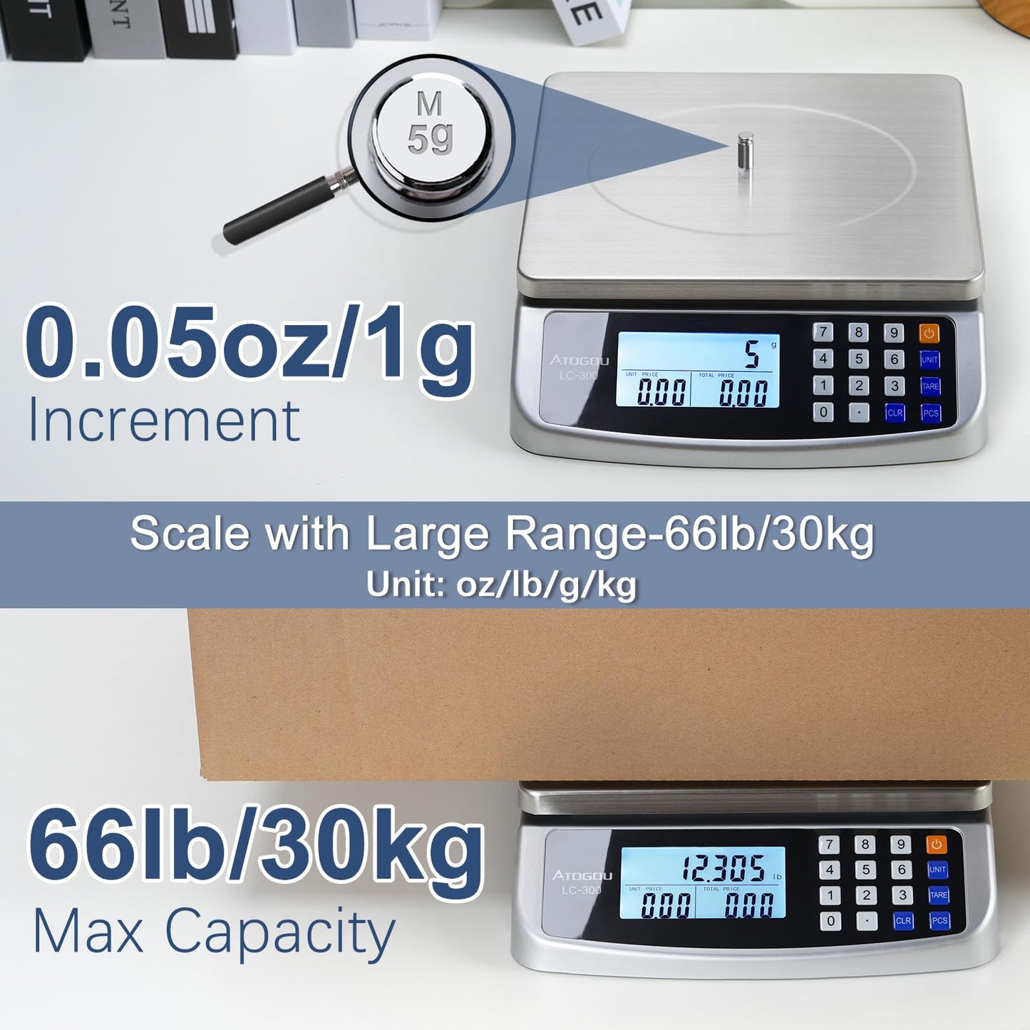 110lb Food Scale, Commercial Kitchen Scale with Price Computing, Plug-in Usable, 0.05oz/1g, 304 Stainless Steel, for Cooking, Vegetables, Farm, Industry, Counting. LC300 Silver