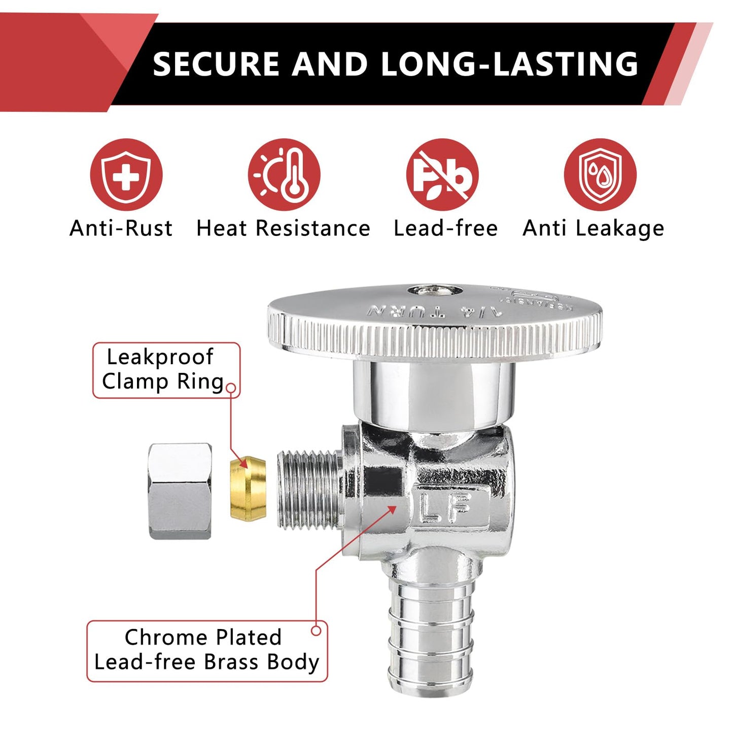 (Pack of 20) EFIELD 1/4 Turn Angle Stop Valve 3/8" OD Compression X 1/2" Pex Chrome Plated Brass,(VALVE076-20PCS)