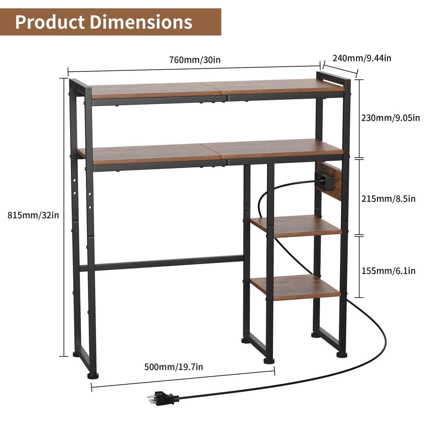 Aetheris Desktop Organizer Shelf, 30" Wooden Office Storage Rack with Outlets, Display Shelf Rack with Light Strip, 5 Tier Desktop Display Rac, Desk Shelf, Desk Hutch for Computer Monitor, Brown