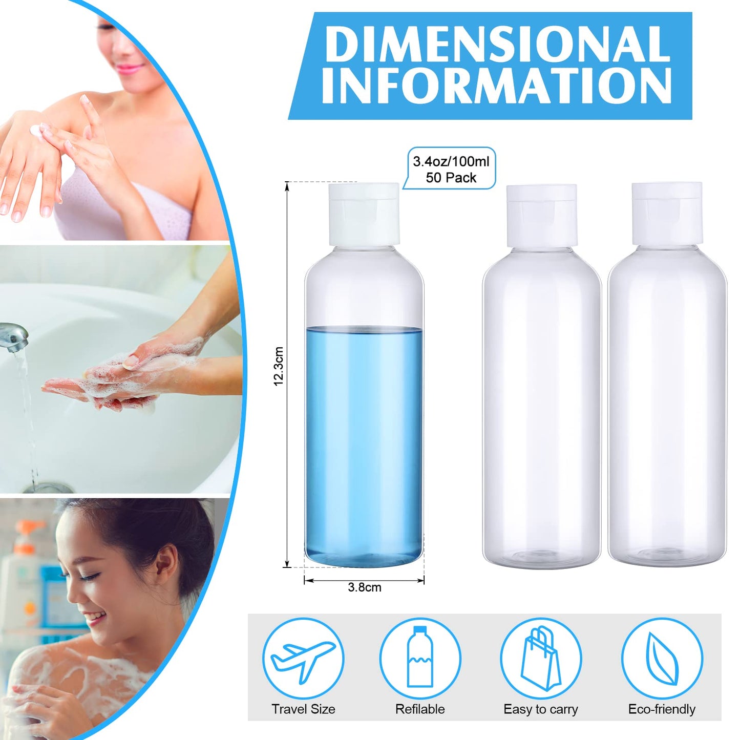 100 Pcs 3.4oz Small Travel Bottles Plastic Empty Squeeze Bottle Clear Refillable Shampoo Container with 5 Funnel for Liquids Cream Cosmetic Toiletries