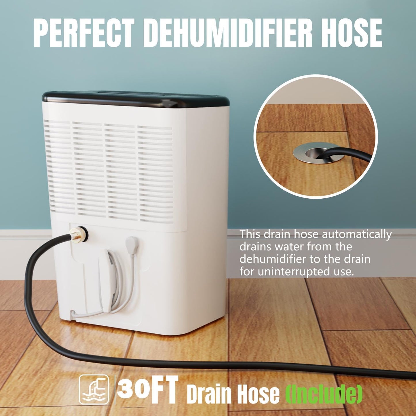 30FT Dehumidifier Drain Hose 3/4" FHT,Leakproof Dehumidifier Hose with Rustproof Durable Connector,Thickened drain hose for dehumidifier indoor,Perfectly Compatible with Most Brands of Dehumidifiers
