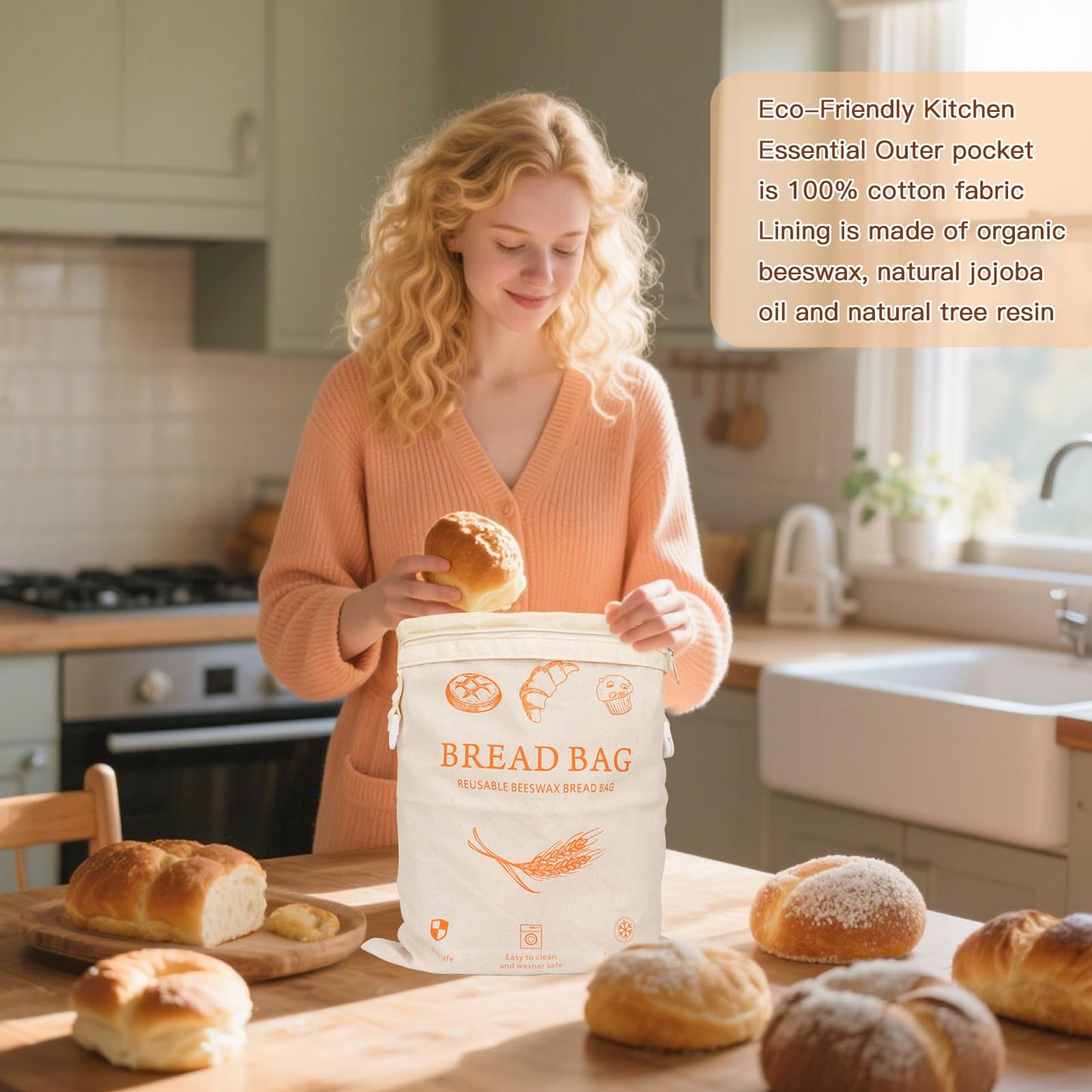 HOYEEFOU 2-Pack Reusable Beeswax Bread Bags for Homemade Bread & Sourdough,Eco-Friendly Bread Storage with Zipper Seal, Freshness Keeping & Freezer Safe, 17"x13" Linen Bags, Bakery Essentials