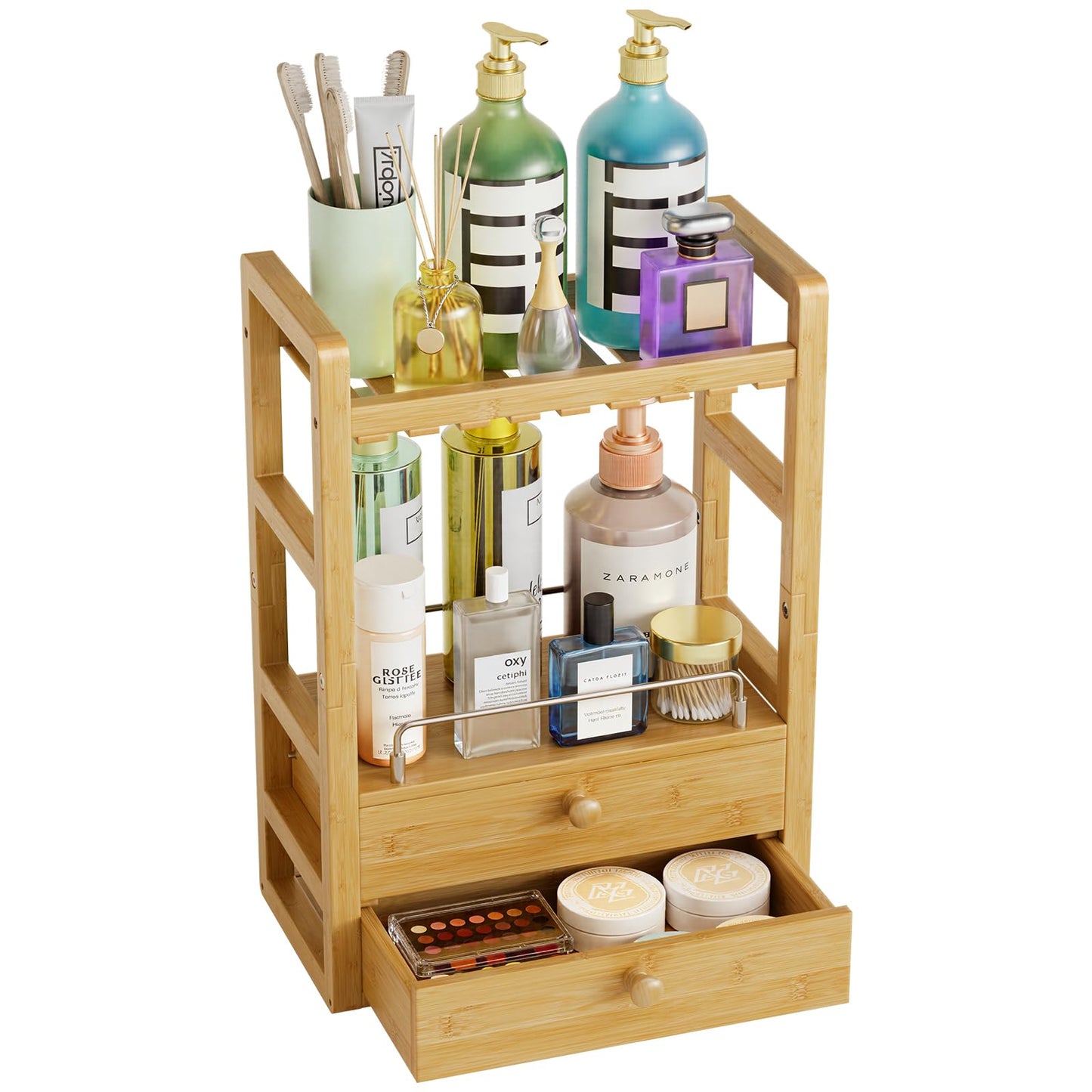 AmazerBath Bamboo Bathroom Countertop Organizer, 2-Tier Makeup Organizer with 2 Drawers, Vanity Organizer Storage Coffee Matcha Station, Compact Shelf for Bathroom Kitchen Office