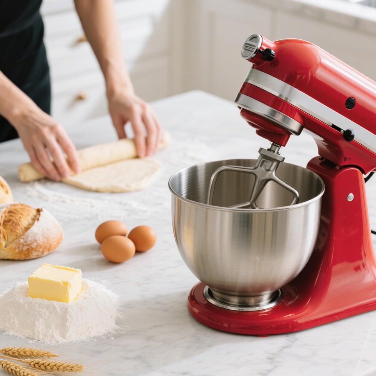 Ezato 3-Piece Stainless Steel Mixer Attachment Kit for KitchenAid 4.5/5 QT Tilt-Head Mixers, K45WW Wire Whip, K45DH Dough Hook & K45B Coated Flat Beater, Baking Essentials Set, Dishwasher Safe