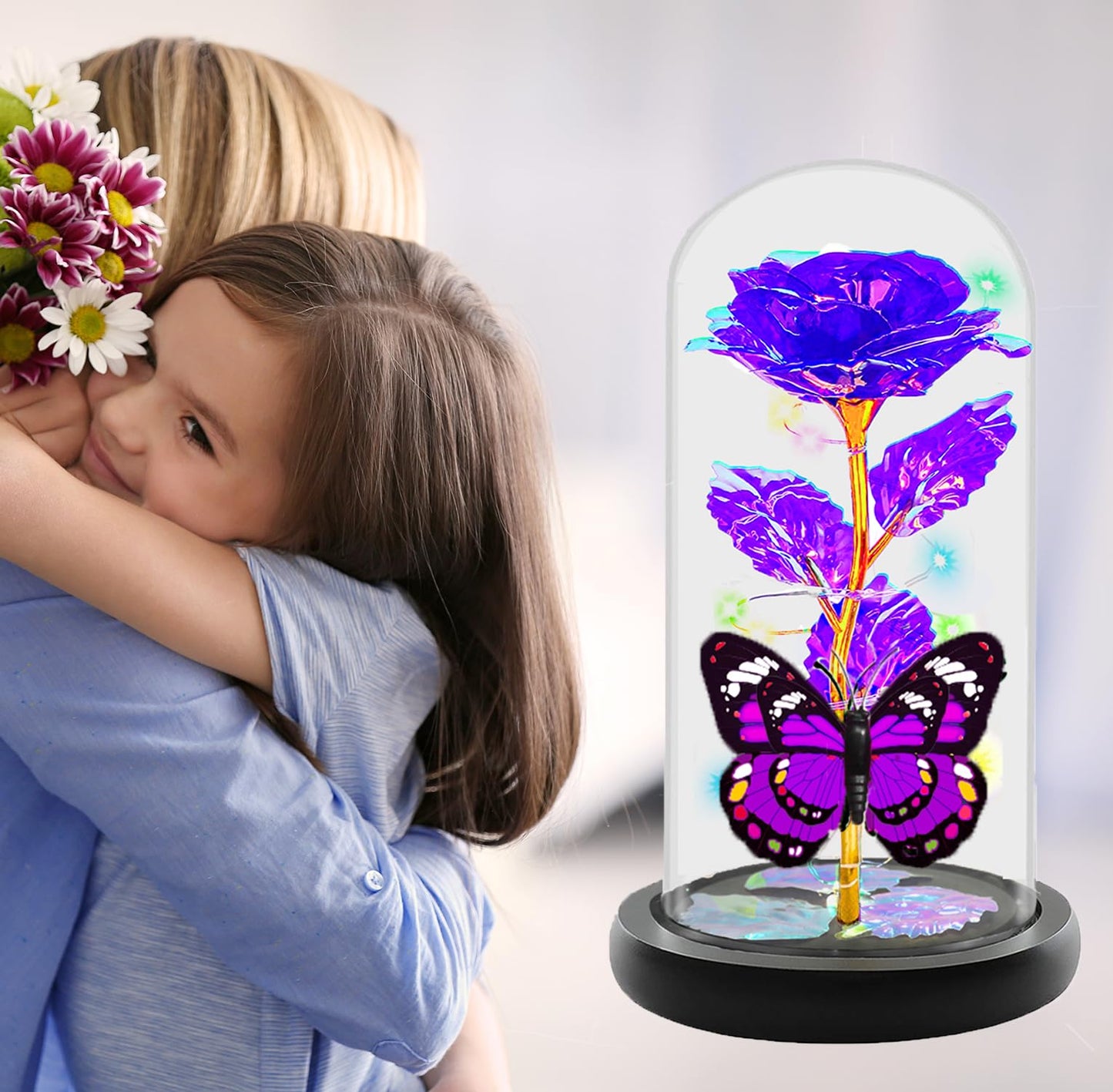 Fvawe Gifts for Women, Rose Glass Flowers Birthday Gifts for Women, Galaxy Crystal Light Up Rose Flowers in A Glass Dome with Butterfly, Mom Sister Wife Daughter Grandma Her Presents Purple