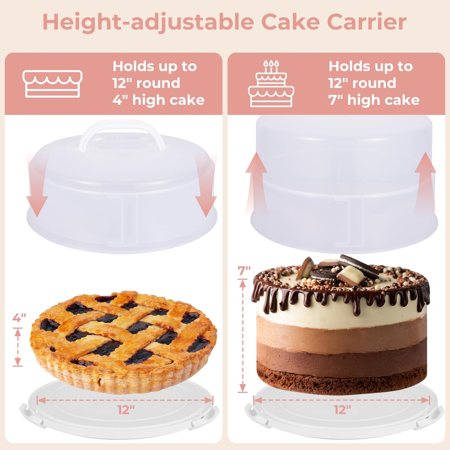 12in Extra Large Cake Carrier with Lid and Handle, Holds up to 12" round 7" high cake, Portable Cake Container for Transport Pies, Cupcakes, Cakes and More