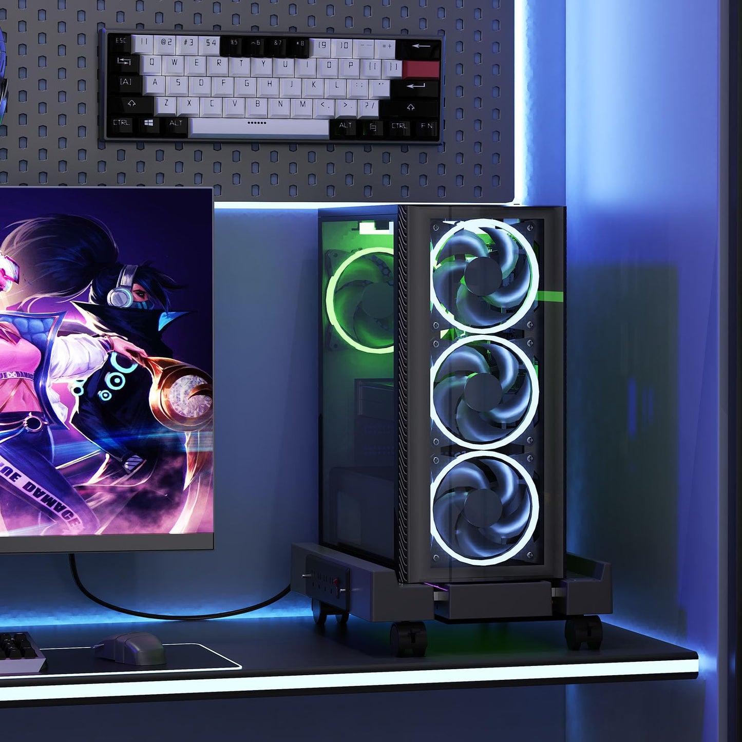 Hovadova Computer Tower Stand with Charging Station, Cooler Fan and Light, Adjustable PC Stand for Floor, Mobile CPU Stand with 4 Caster Wheels, Under Desk CPU Holder Fits Most PC Tower