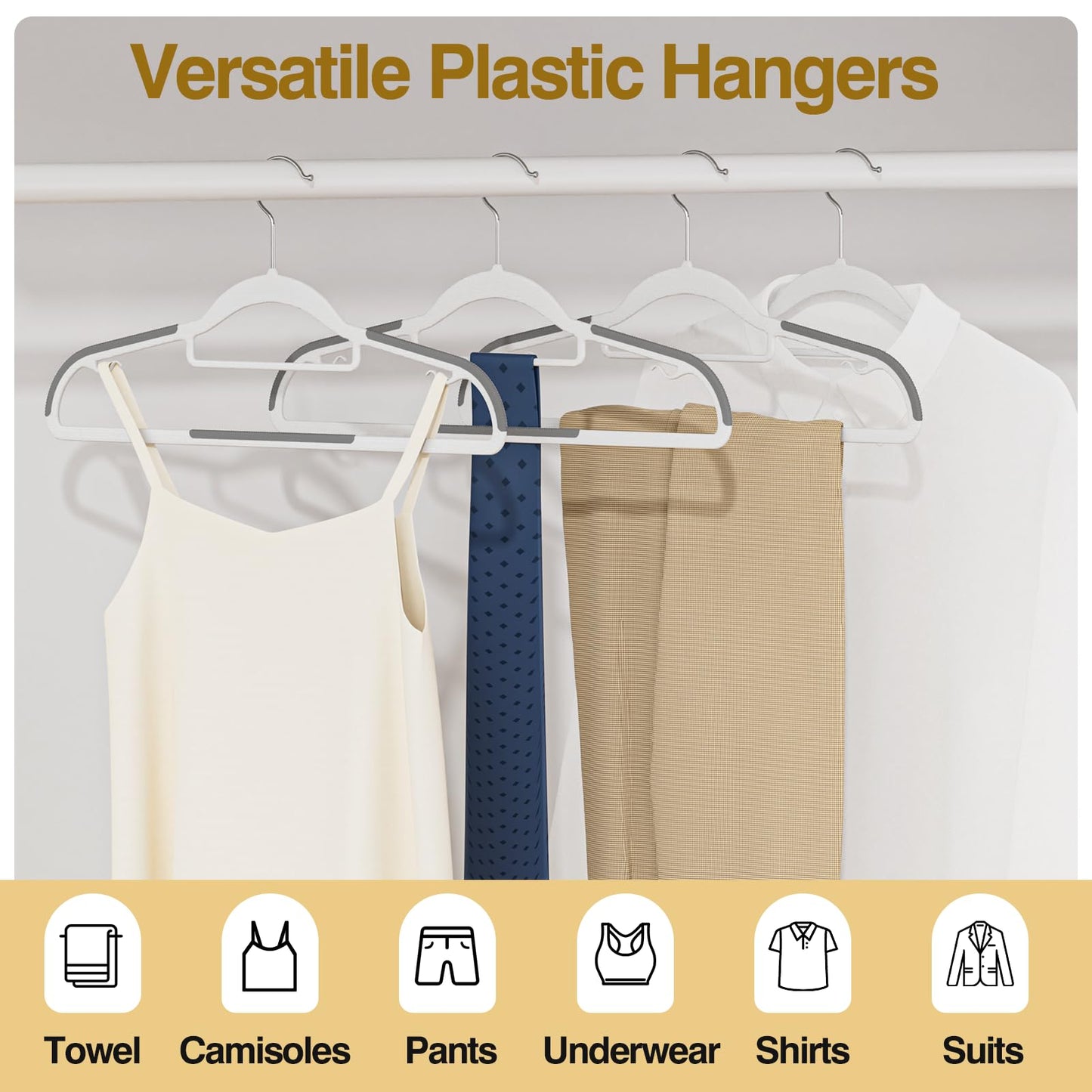 UEAKPIC Plastic Hangers 50 Pack, 16.5 in Heavy Duty Clothes Hangers with 360° Swivel Hook, Non-Slip Bar & 0.2" Ultra-Slim Space-Saving Organizers for Coats, Pants, Suits, Shirts, White & Dark Gray