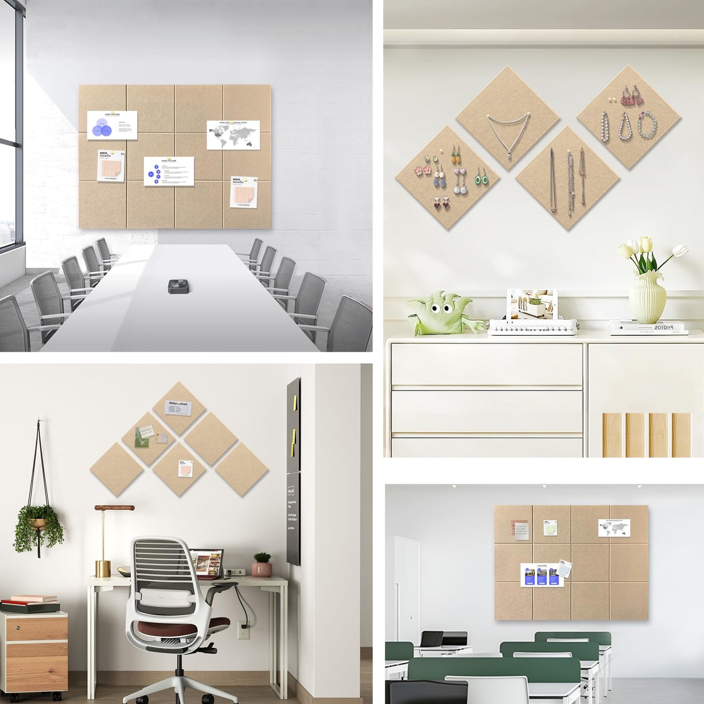 Large Cork Board for Office Wall Decor, 48"x36"- 12 Pack Felt Wall Tiles with Safe Removable Adhesive Tabs, 1/2" Thick, Felt Bulletin Board Pin Board Cork Boards for Walls - Tan