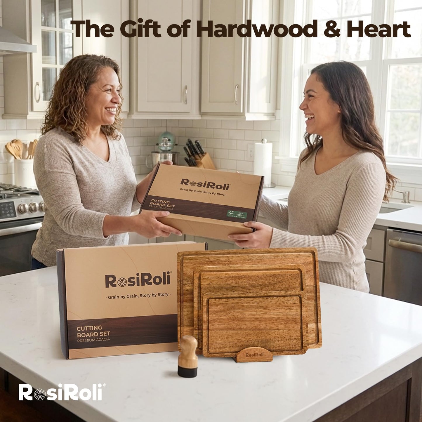RosiRoli Acacia Wood Cutting Board for Kitchen, Set of 3 - Durable Thick Chopping Boards with Juice Grooves & Handles for Prep & Serving, Impressive Gift for Housewarming, Kitchen Gifts for Mom