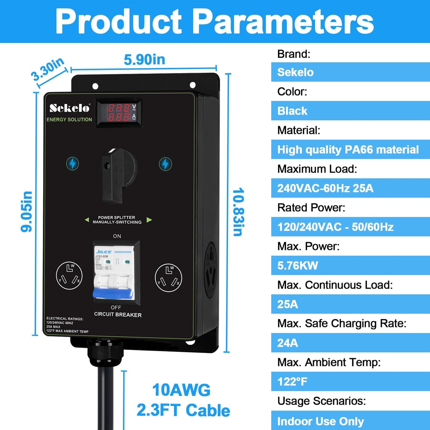 Manual EV Charging Switch for Dryer & EV, NEMA 10-30, 240V, 24A 5.76kW Max Power Splitter, with a Safety Breaker Switch, Hand-Operated Selector, Plug and Play