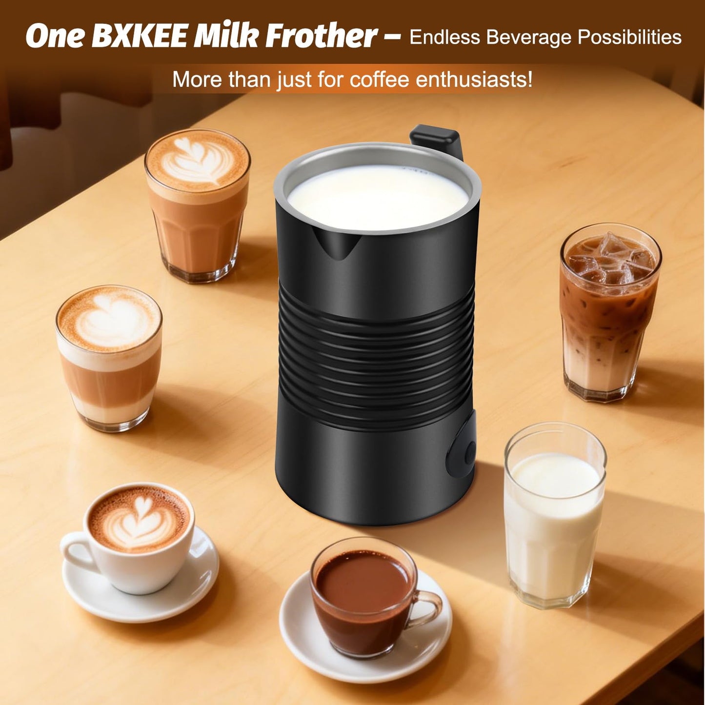 BXKEE Milk Frother and Steamer, 4-in-1 Electric Milk Frother and Warmer, Hot & Cold Foam Maker, 11.8oz Capacity, Fast Heating, Quiet Coffee Frother for Latte, Cappuccino & Hot Chocolate