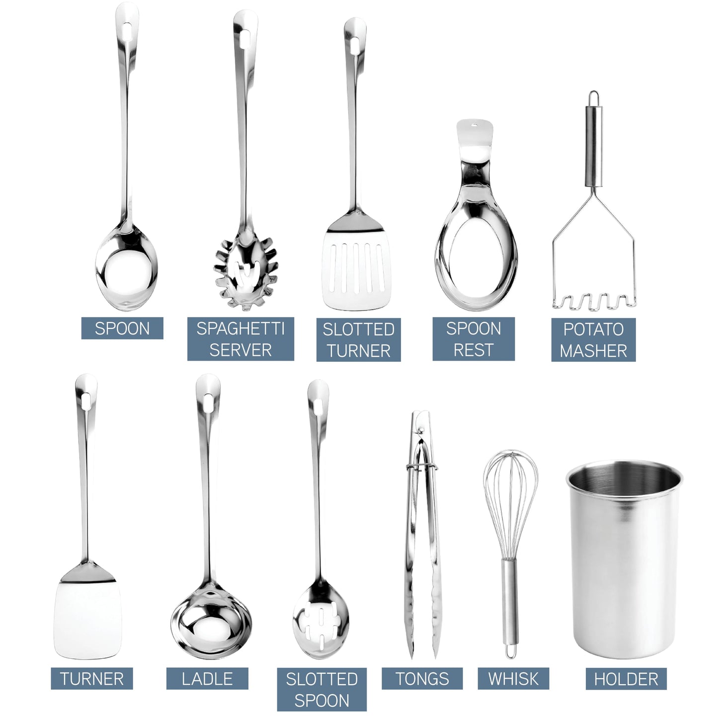 COOK WITH COLOR Kitchen Utensil Set - premium Nonstick & Heat Resistant Kitchen Gadgets, Turner, Spaghetti Server, Serving Spoons, Whisk, Tongs, Masher & Utensil Holder, 10-piece Stainless Steel