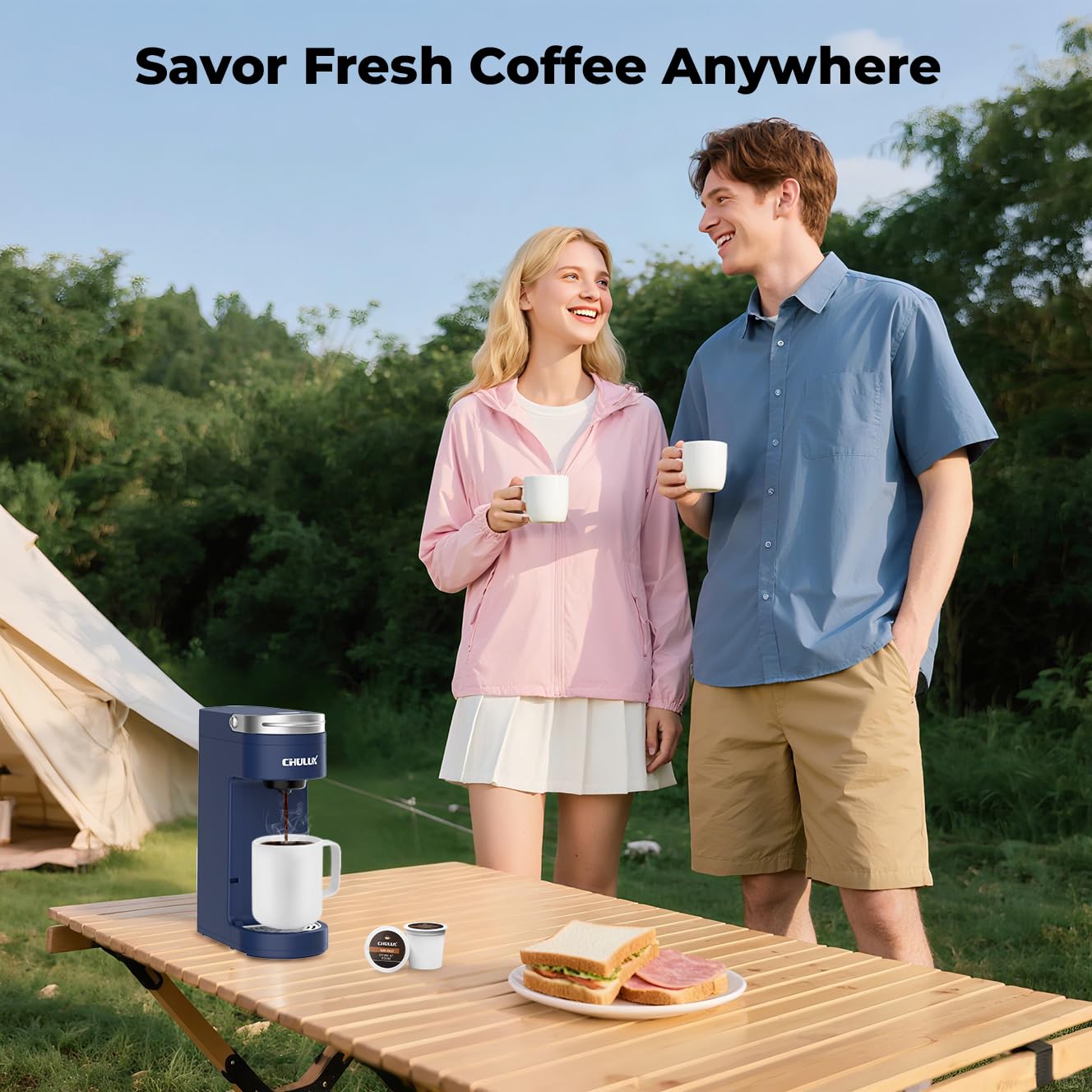 CHULUX Single Serve Coffee Maker for K Cups, One Cup Coffee Machine for Travel Mug, Fast Brewing, Auto Off, Matte Navy