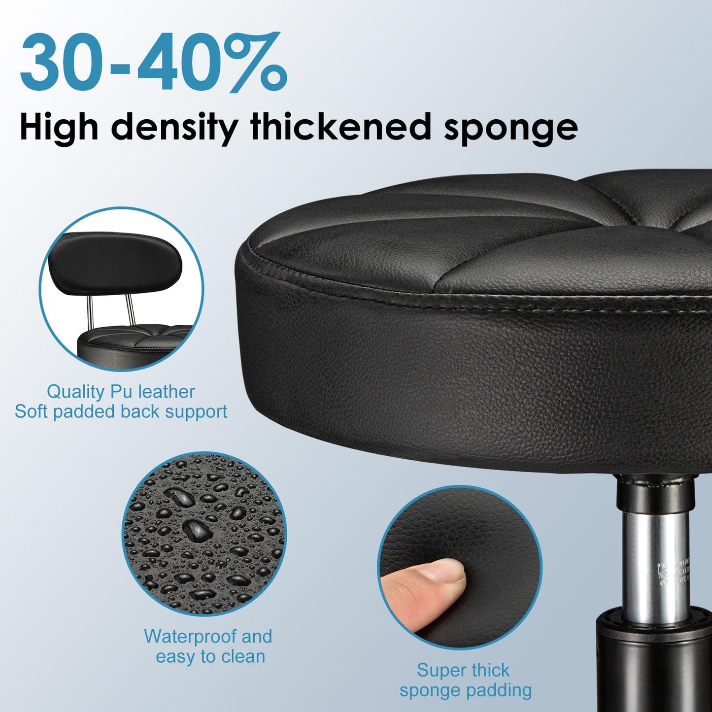 FNZIR PU Leather Rolling Stool with Back Support Height Adjustable Swivel Stool Chair with Wheels Drafting Chair for Spa Slaon Massage Stable Base Foot Black