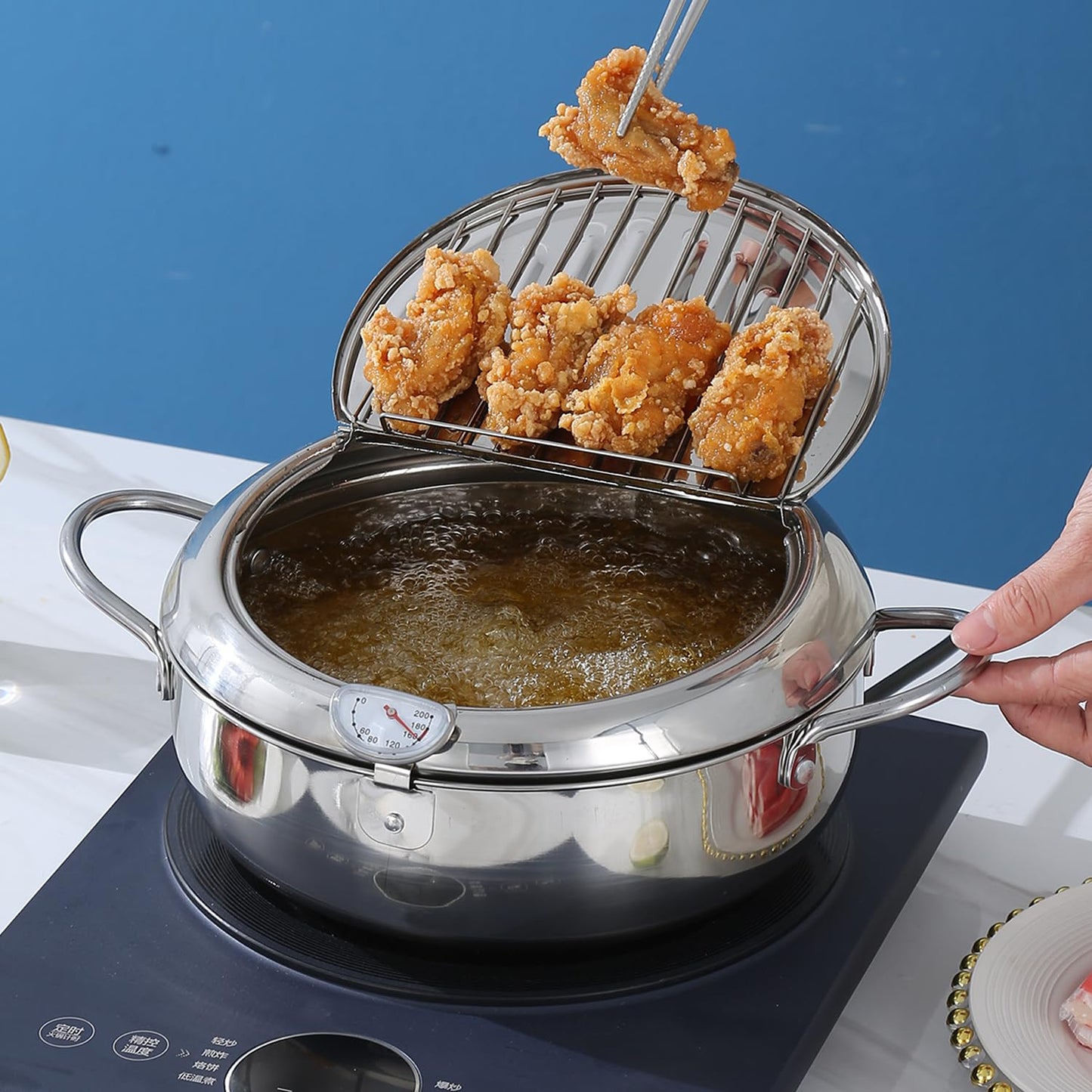 Deep Fryer Pot 11 Inch Large Stove Top with °F Temperature Control and Oil Drip Drainer Rack for French Fries Chicken Japanese Tempura