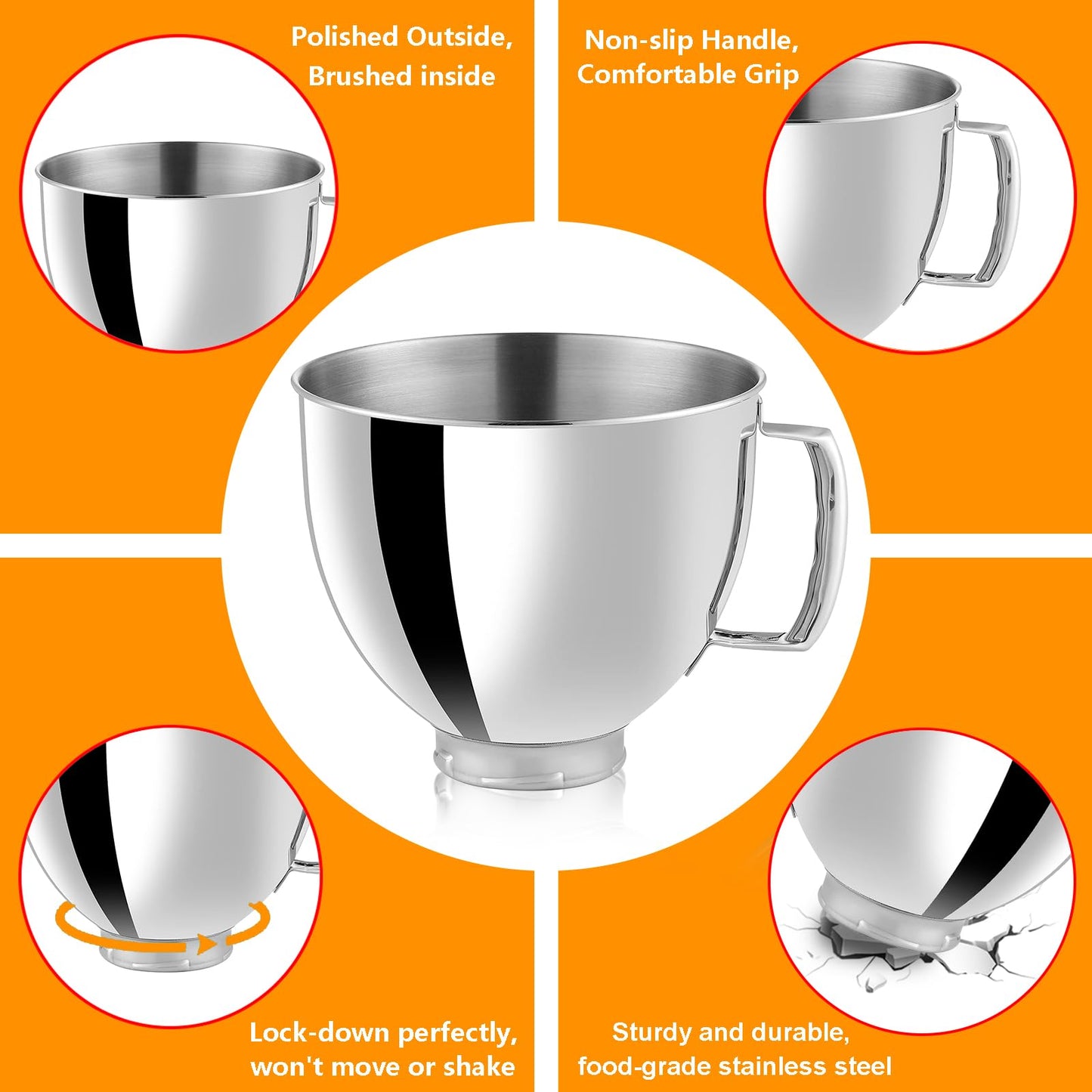 5QT Stainless Steel Mixer Bowls with Handle Fit for KitchenAid 4.5 & 5-Quart Tilt-Head Stand Mixers Replacement/Accessories Bowl for Mixer Dishwasher Safe Oven Safe Easy to Clean Polished