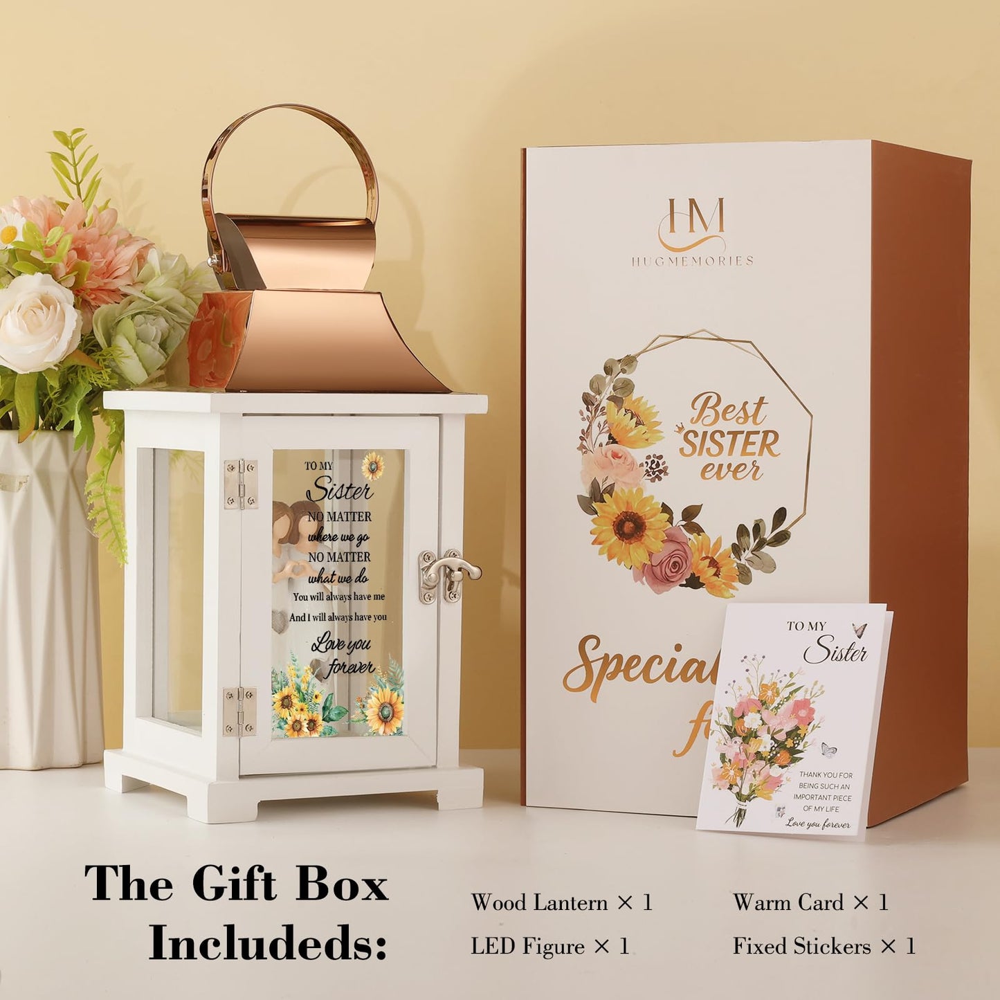 HugMemories Sister Birthday Gifts Lantern with Figure, Big Sister Gift from Sister, Unique Birthday Gifts for Sister, the Better Sister Gifts for Mother's day Thanksgiving Christmas Wedding, Sunflower
