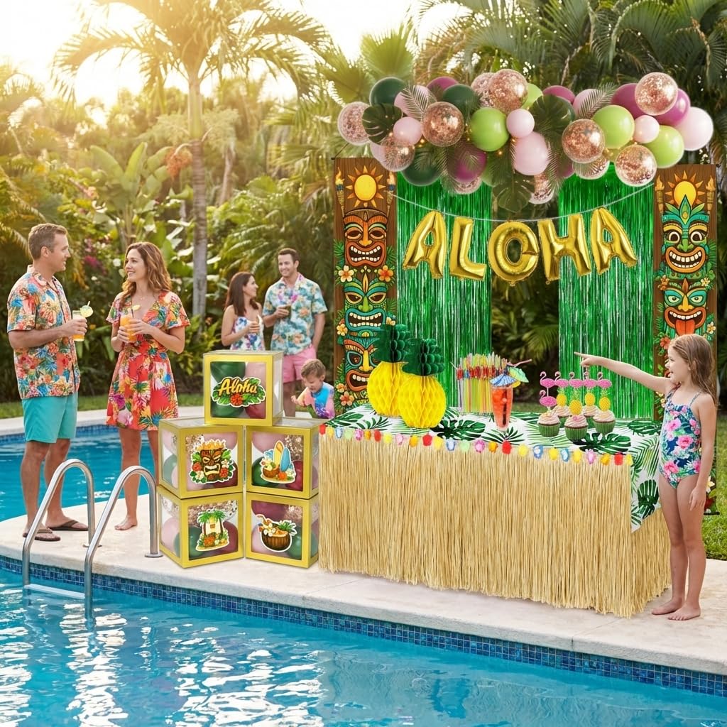 169 PCS Luau Party Decorations, Hawaiian Party Supplies - "ALOHA" Balloons, Hawaiian Boxes, Balloon Arch Garland Kit, Fringe Curtains, Palm Leaf, Table Cloth and Skirt