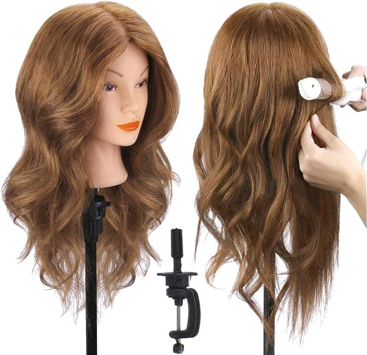 Mannequin Head with 100% Real Hair, TopDirect 18" Brown Real Hair Cosmetology Manikin Head Hairs Styling Hairdressing Practice Training Doll Heads with Clamp Holder and Tools