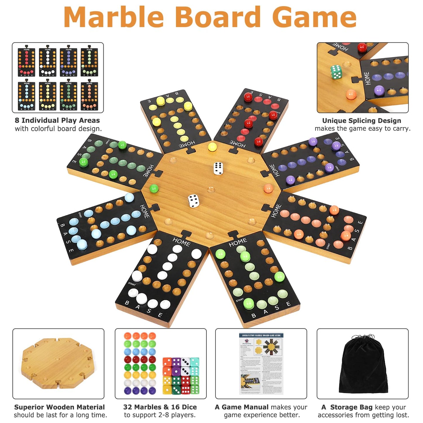 Marble Board Game,Wooden Board Game for 6-8 Players,Portable Design Marble Game with 32 Marbles 16 Dice, Family Game Night Gift for Kids & Adults