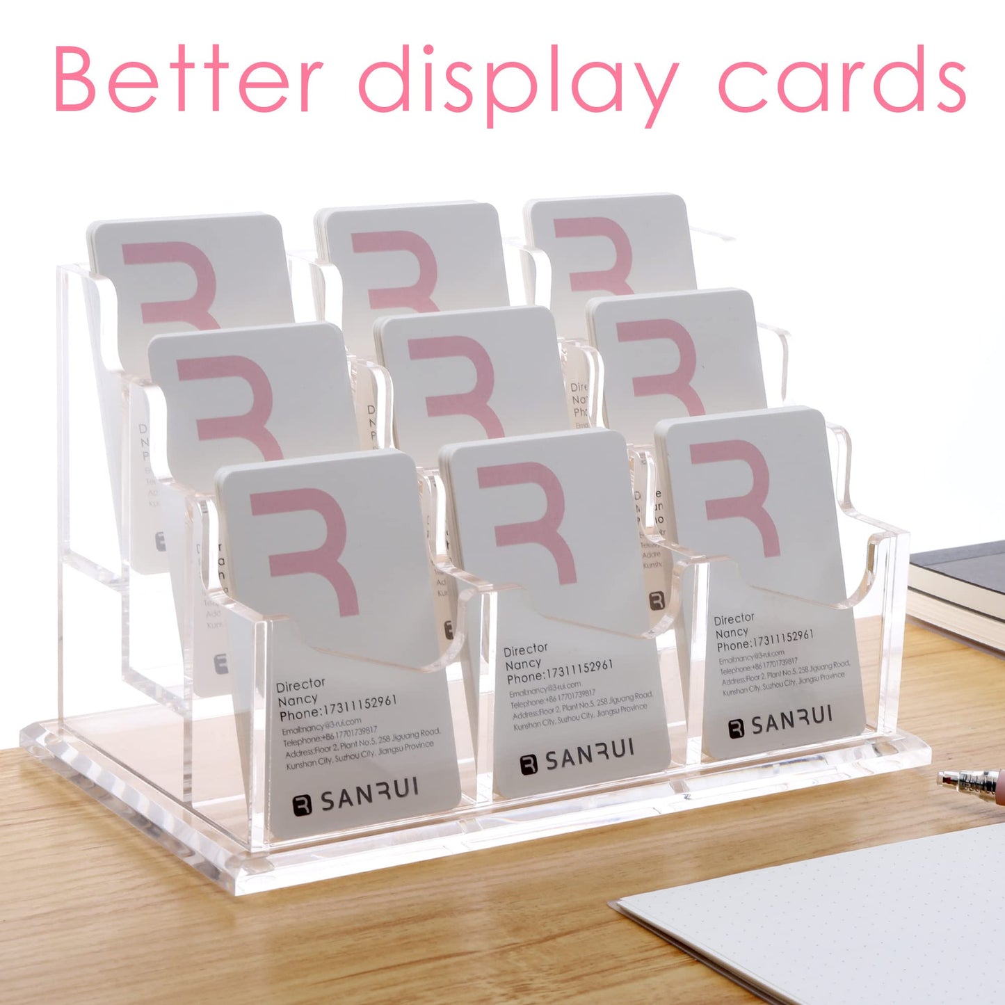 SANRUI Vertical Business Card Holder for Desk,Clear Acrylic Business Card Display Stand,9 Slots 3 Tier ,Holds 450 Cards