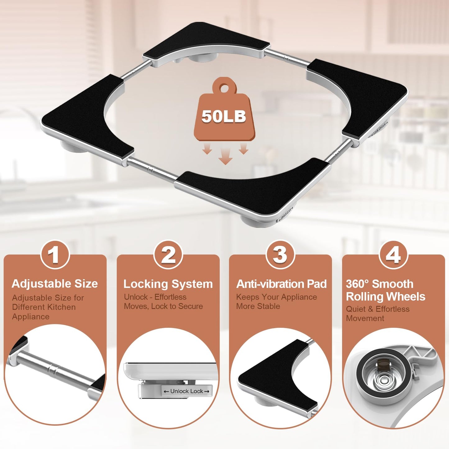 Adjustable Appliance Slider Tray - Expandable 6" x 11"- 11" x 20" Sliding Tray for Kitchen Appliances - 360° Countertop Rolling Tray with Locking Brakes for Coffee Makers Mixers