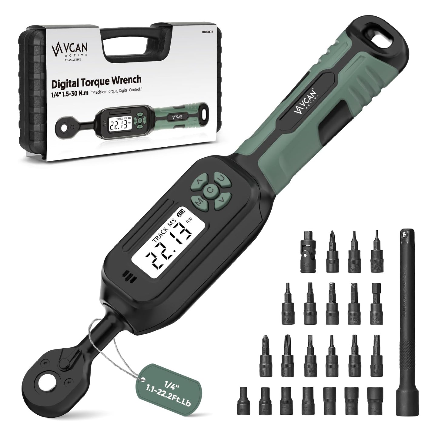 1/4 Torque Wrench Digital(1.1-22.2Ft.Lb) ±2 % Accuracy Digital Torque Wrench 1/4 Drive with Buzzer and LED Flash Track Mode Inch Pound Torque Wrench Set with Bits & Sockets for Bike Moto Gunsmithing