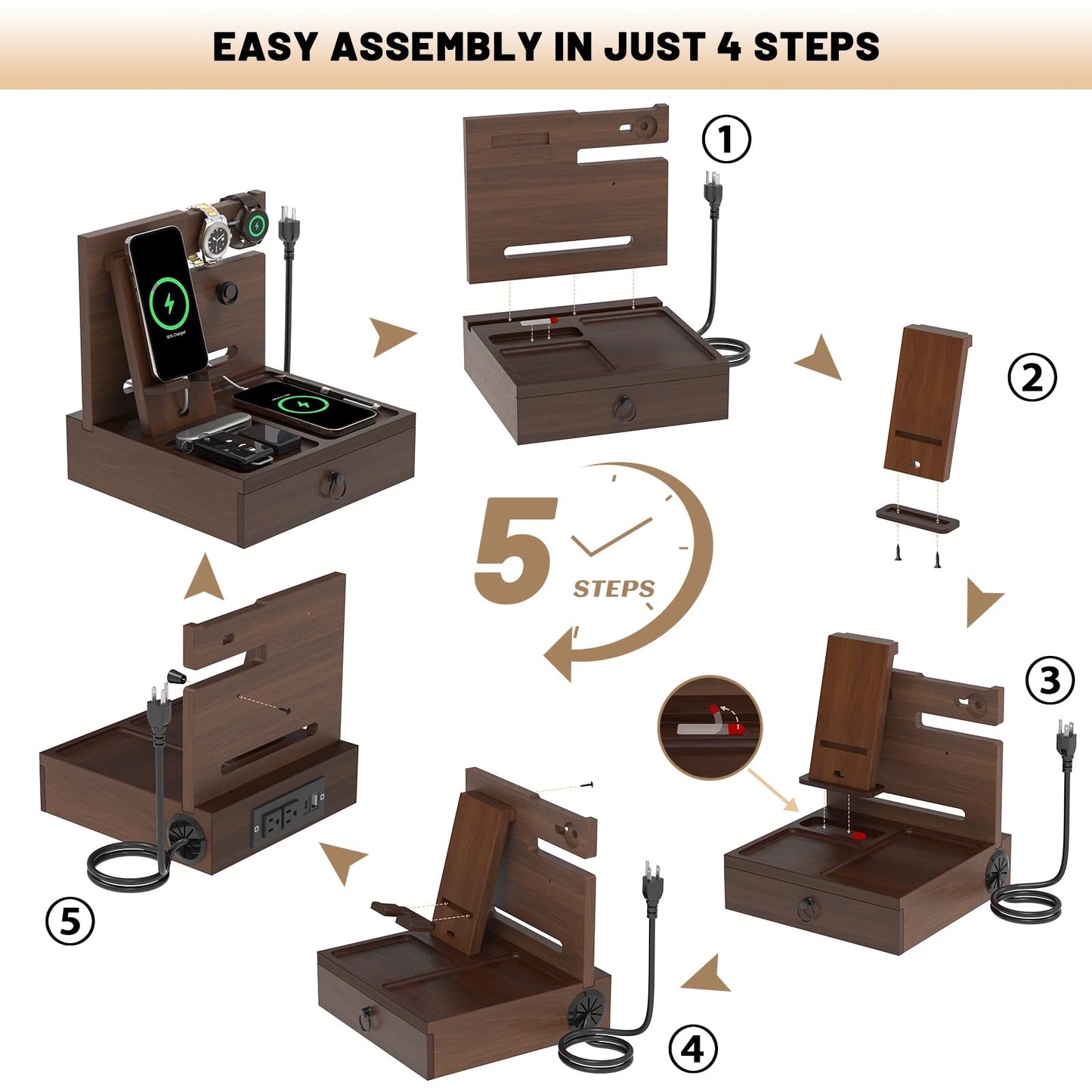 Wood Phone Docking Station with USB Ports and Outlets, Nightstand Organizer with Charging Station, Bedside Organizer with Drawer for Watch & Accessories, Christmas Anniversary Birthday Gifts for Men