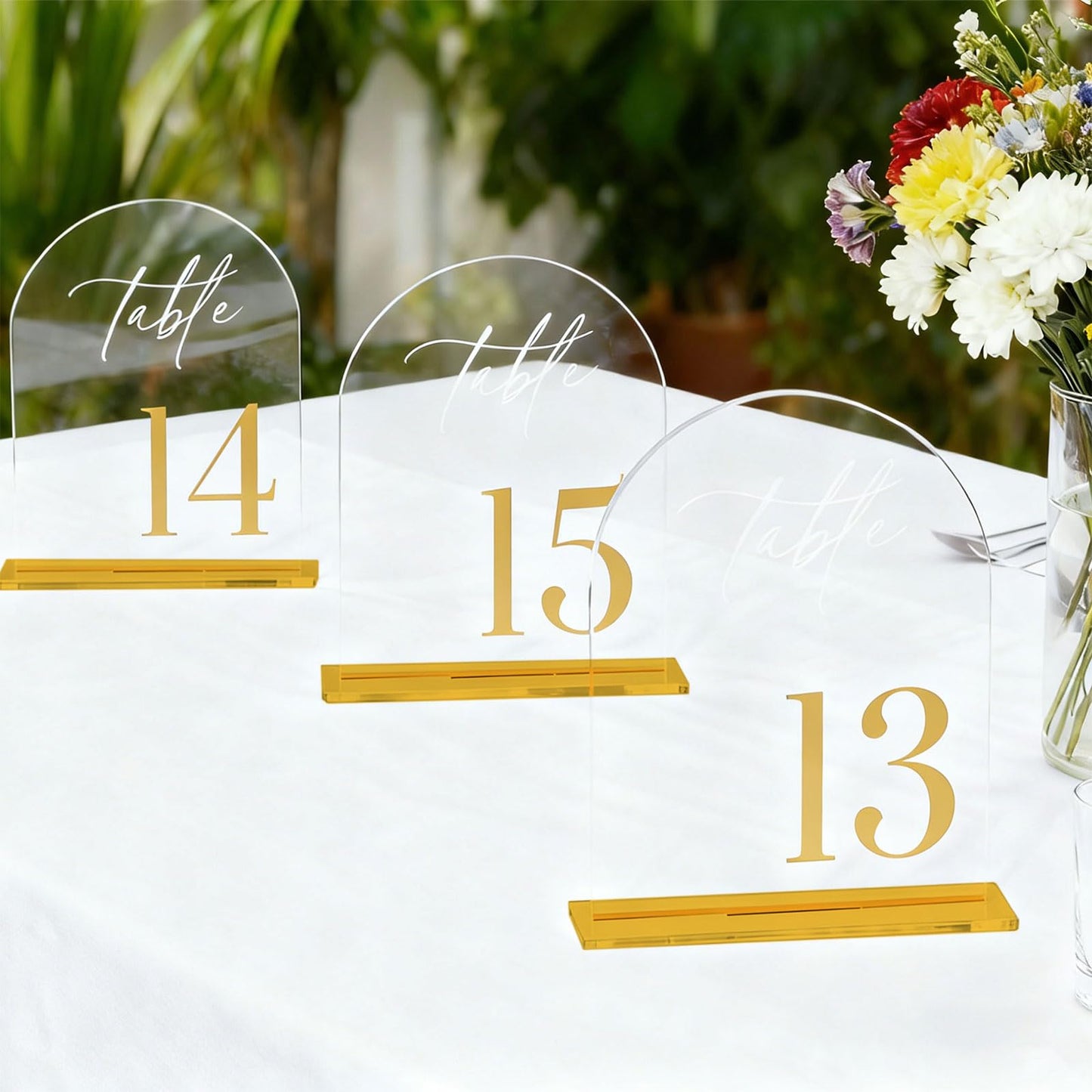 Arch Wedding Table Numbers 1-25 with Stands,5 x 8 Inch Transparent Acrylic Reception Table Signs Golden Letters,Perfect for Wedding Receptions, Parties, Anniversaries, and Events (1-25 golden)