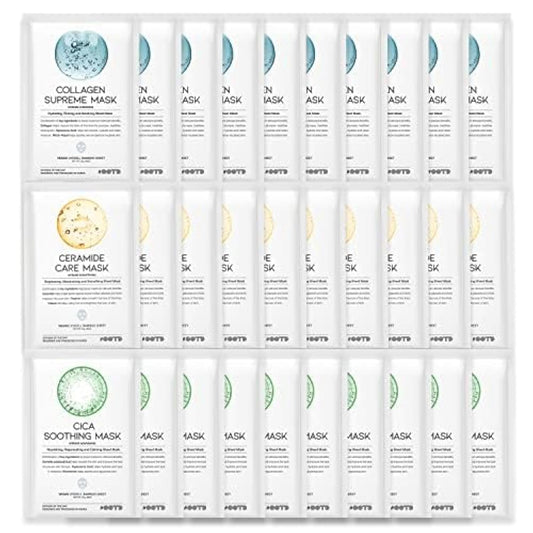 #OOTD Hydrating Soothing Sheet Masks Gift Set for Skincare, Korean Vegan Sheet Mask for Dry, Sensitive Skin, Calming, Smoothing, Brightening, Collagen, Ceramide, Cica, Hyaluronic Acid 30EA