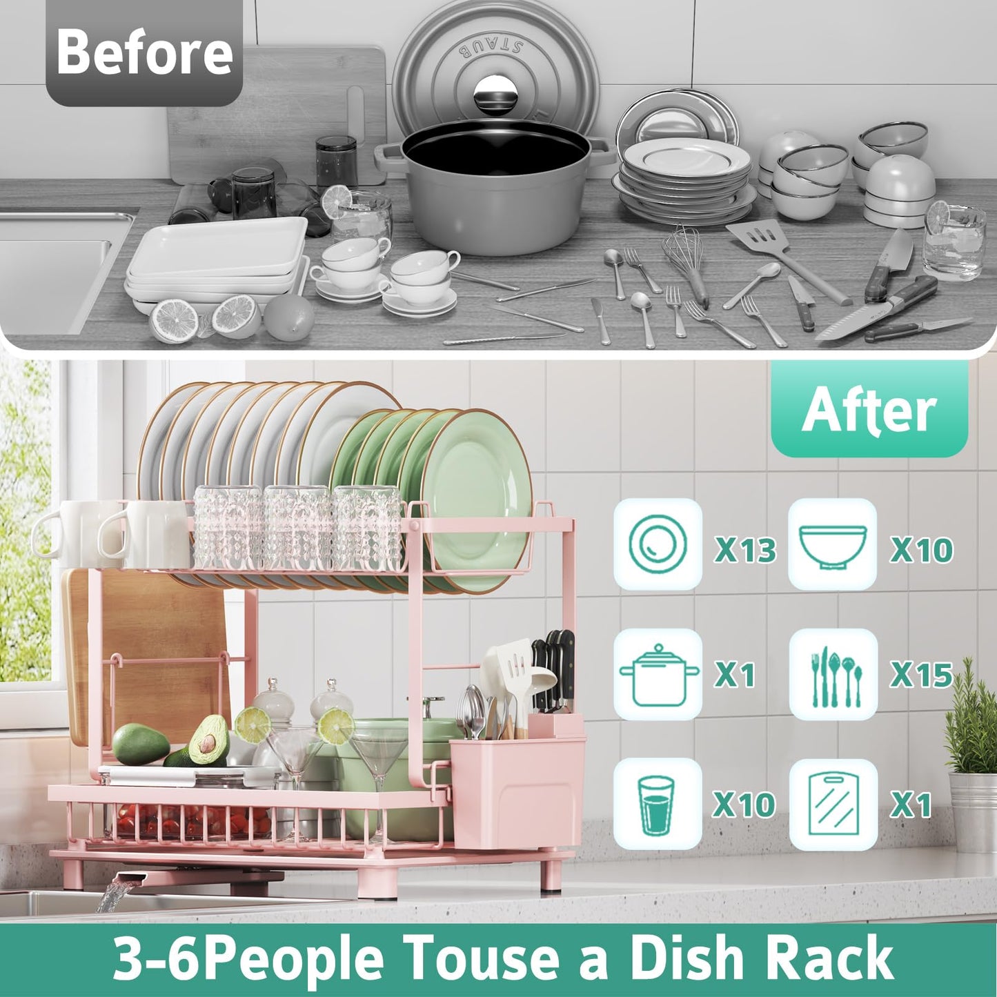 Nfnoyp Multifunctional Dish Drying Rack - Rustproof, 2-Tier Dish Racks with Drainboard, Space-Saving Design, Utensil & Cup Holder for Kitchen Counter, Pink